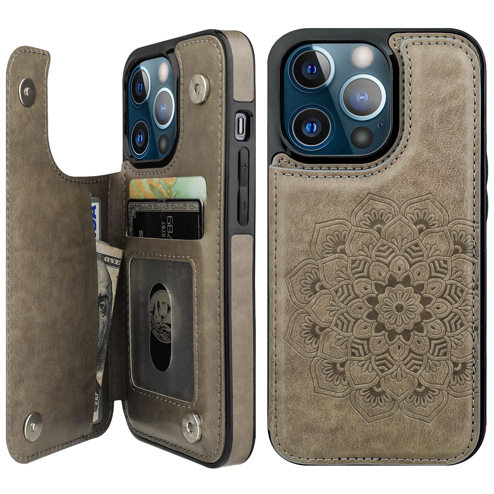 Vaburs Compatible with iPhone 13 Pro Case Wallet with Card Holder, Embossed Mandala Pattern Flower PU Leather Double Buttons Flip Shockproof Cover for
