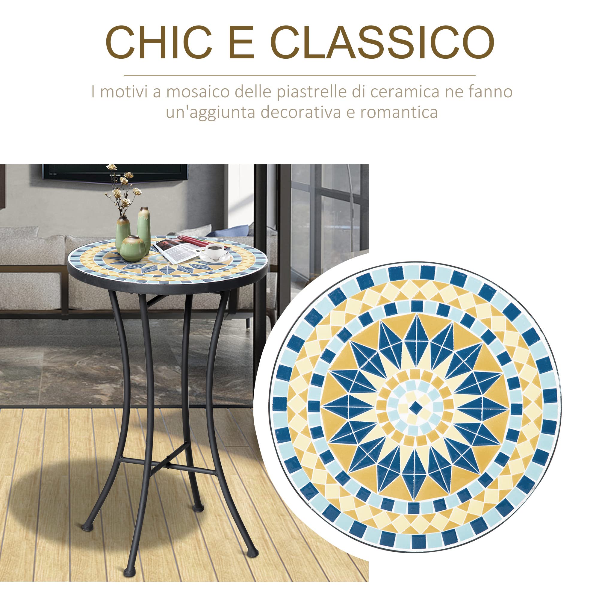 Outsunny Tavolino da Giardino in Metallo con Piano d'Appoggio a Mosaico in Ceramica, Ф35.5x53.5cm, Multicolore