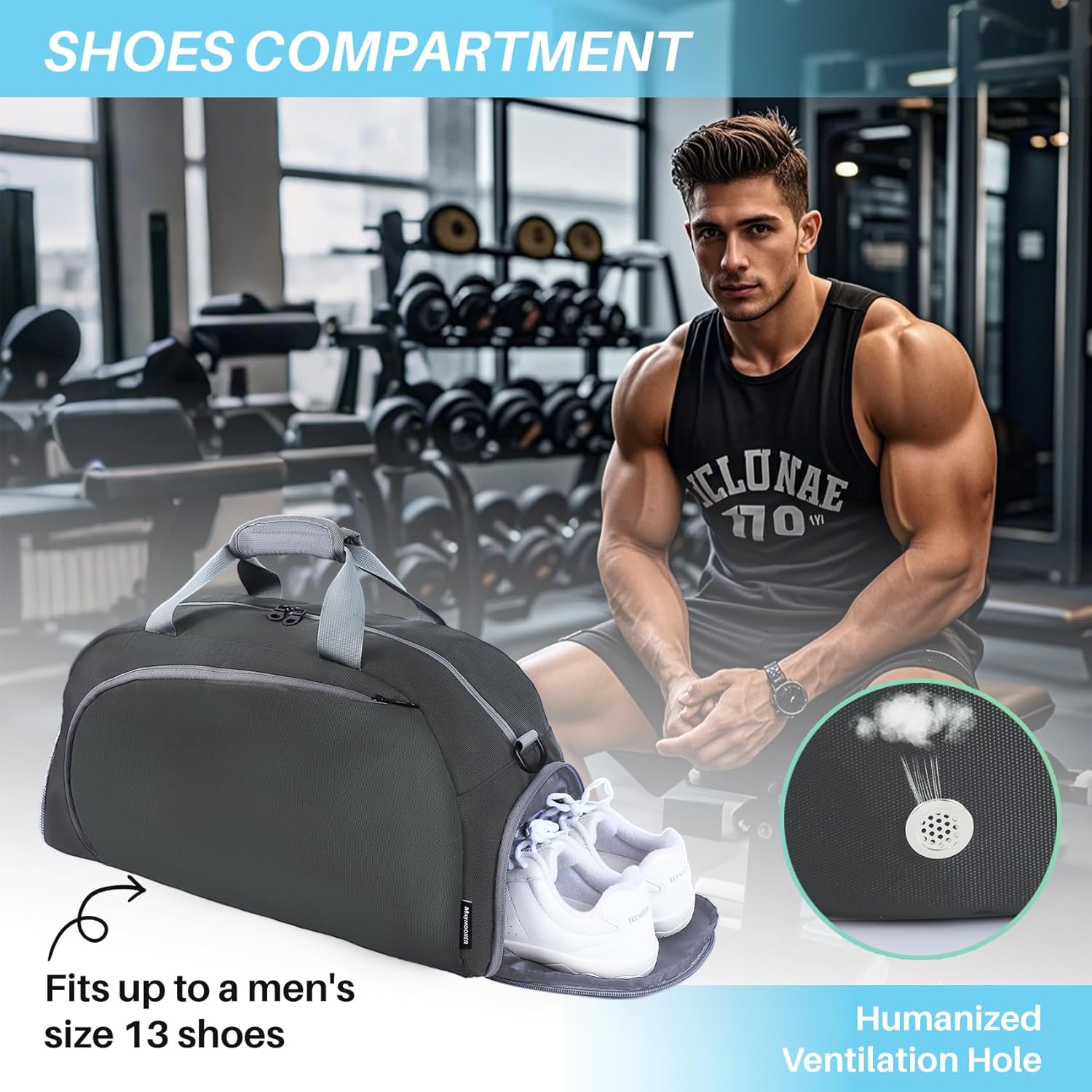 Pickleball Bag with Shoes Compartment & Wet Pocket for Men Women,Water Resistant Sport Gym Bag Small Travel Duffel Weekender Overnight Bags,Dark Grey - Image 4