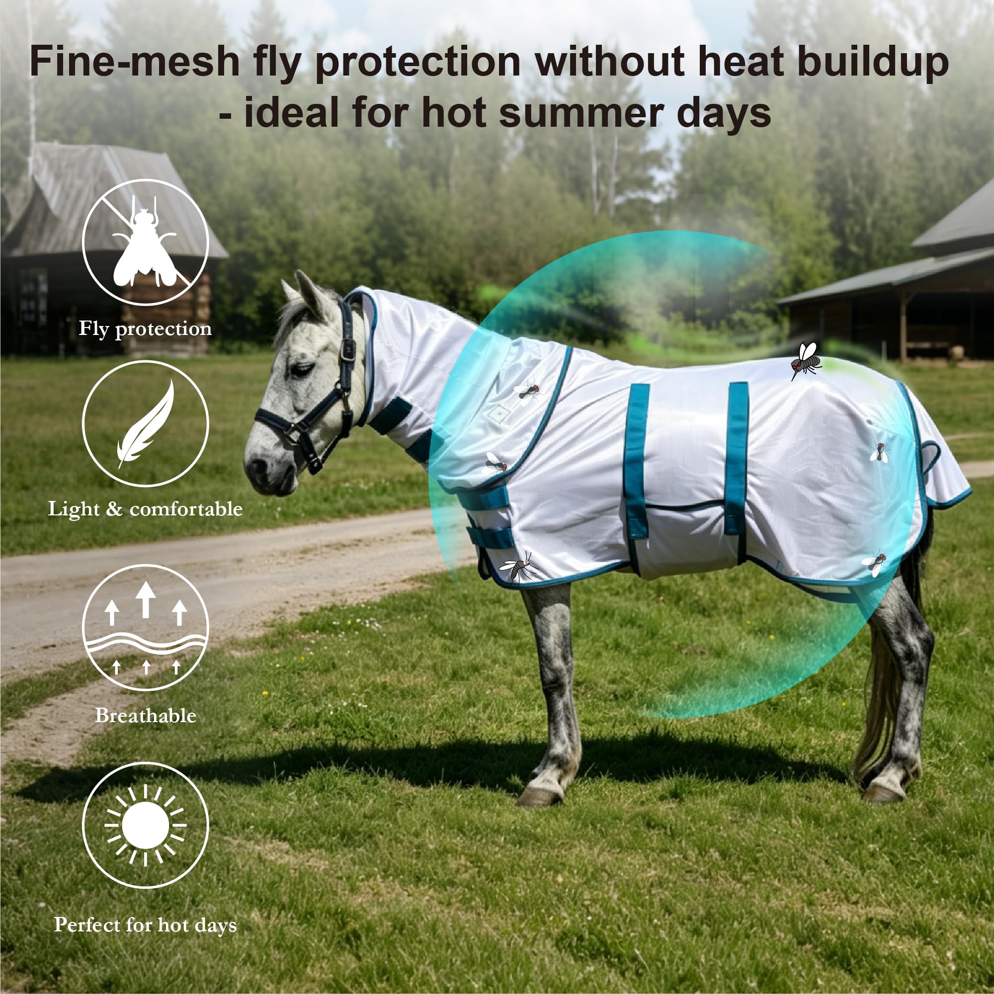 Alfombra con cuello combinado – Sábana de malla ligera y suave para verano para poni Shetland, potro/burro, blanco (3'20.3 cm)