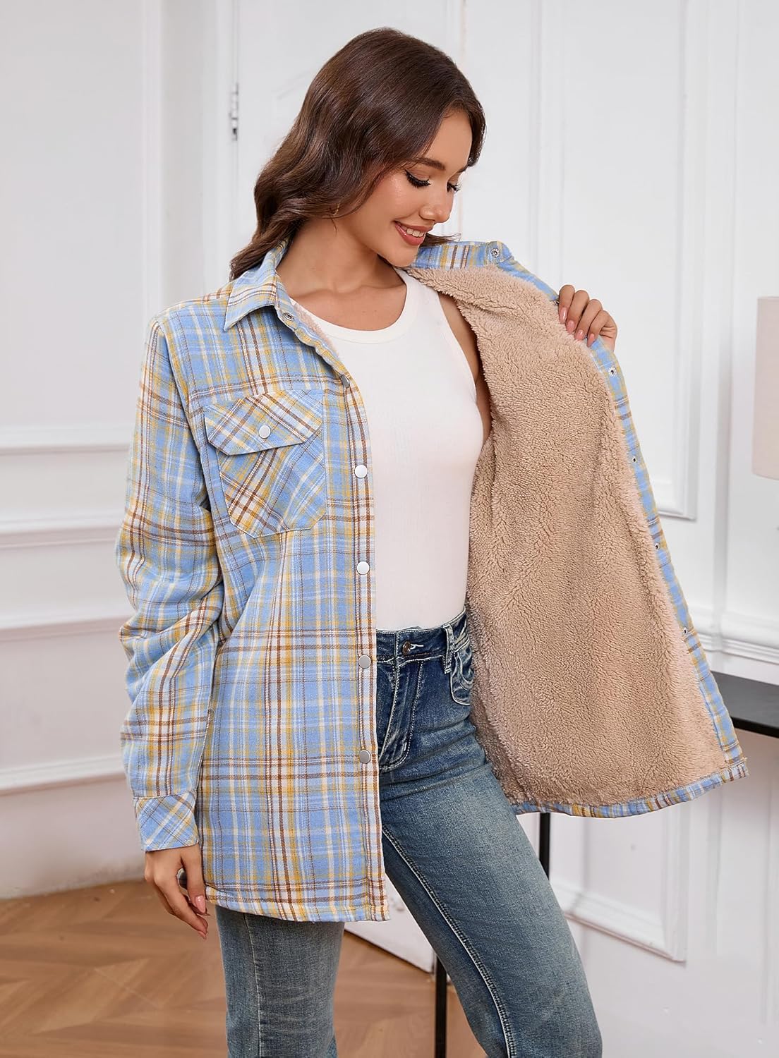 Women's Fleece Flannel Jacket Cotton Plaid Button Down Shirts Jacket Sherpa Lined Plaid Jackets for Women - Image 3