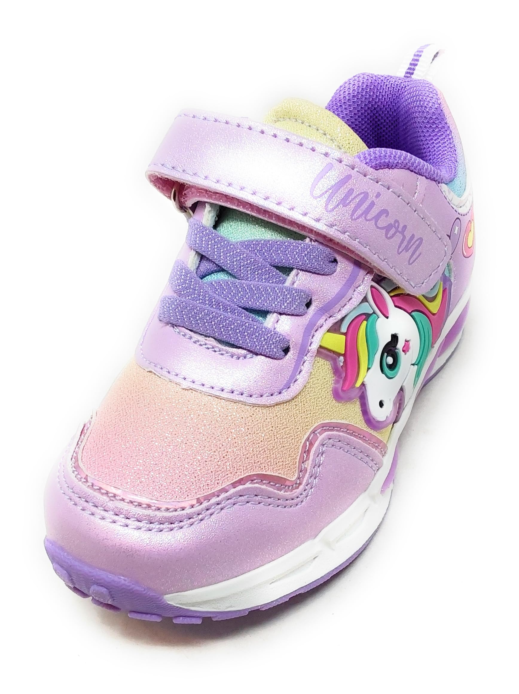 Zapatillas de niña S8010207T con unicornio, lila con purpurina, con tirantes, luces integradas en la entresuela y en el lado de las zapatillas