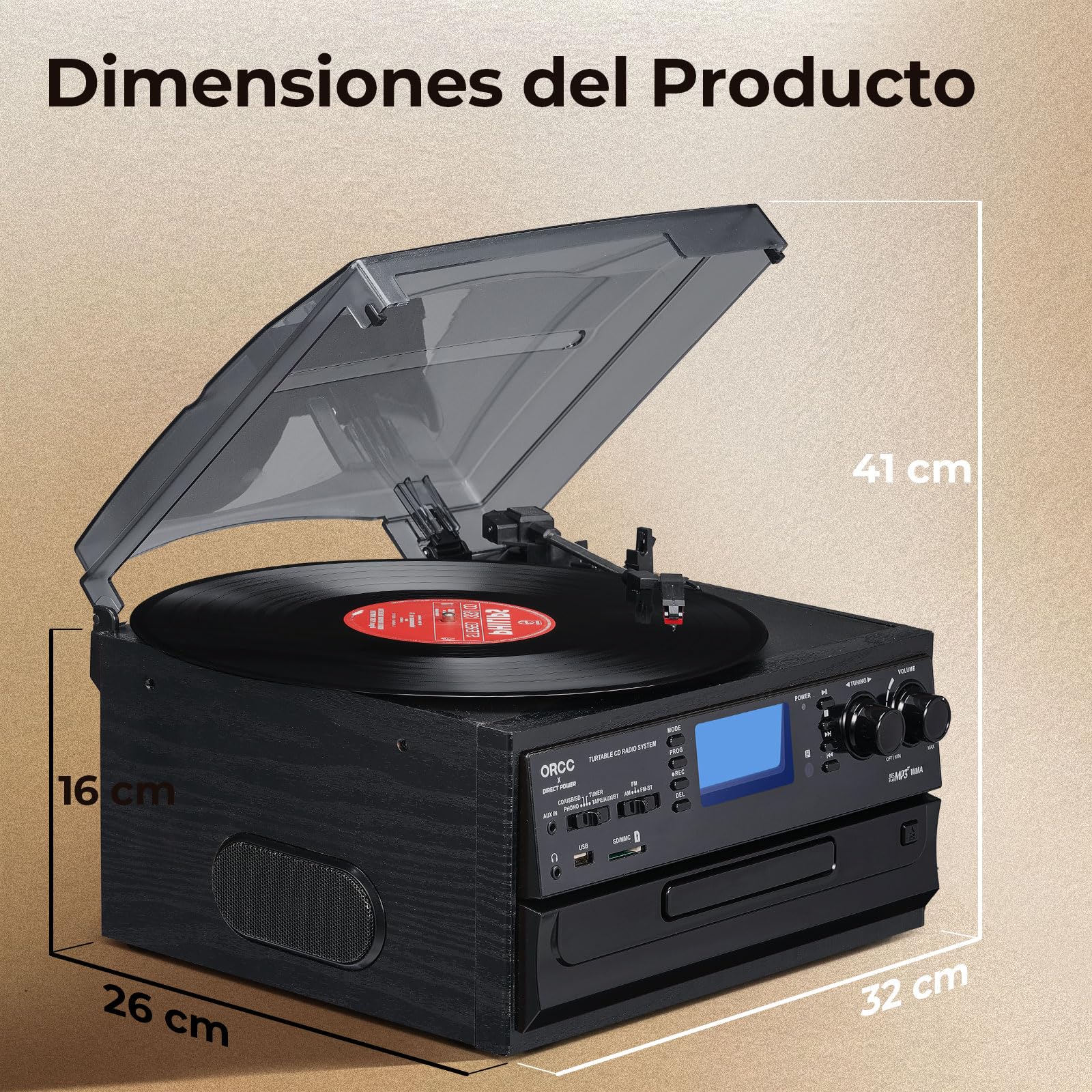 ORCC Tocadiscos Moden 10 en 1, con Tarjeta de Regalo, Tocadiscos de Vinilo para 33/45/78 RPM, reproducción y grabación de CD/USB/SD, Bluetooth y Control Remoto, Radio FM/Am para Amantes de la música