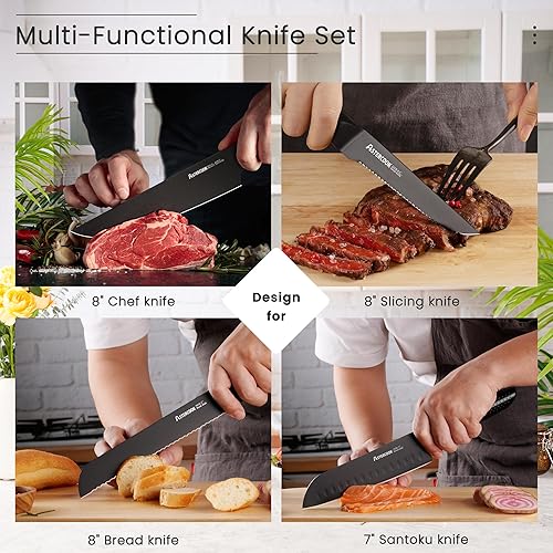 Miniatura 5 de Astercook Juego de cuchillos de cocina de 15 piezas con bloque y afilador, mango de acero inoxidable alemán, juego de bloque de cuchillos de diseño