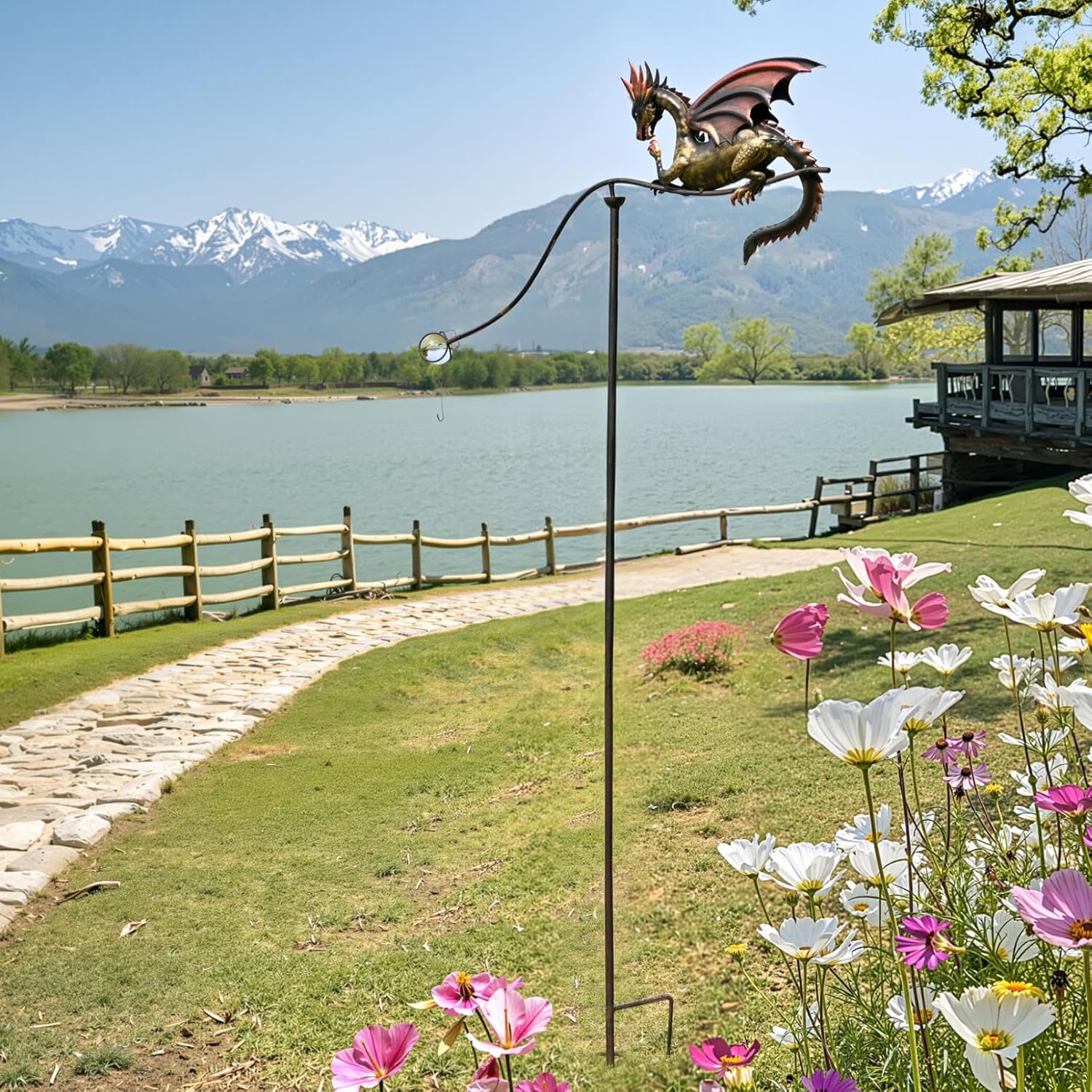 Metal Dragon Garden Decorative Stakes Balancing Yard Art 49" H, Artisam Crafted Iron Balancer Sculpture, Gifts to Dragon Lovers as Lawn Court Patio Exterior Spaces All Season Outdoor Decor