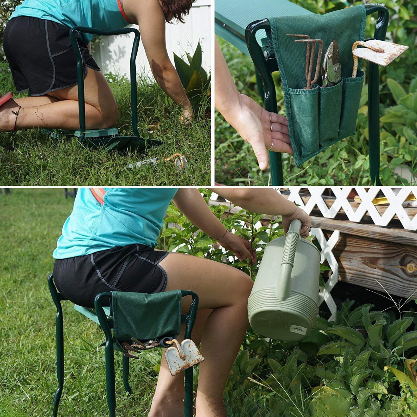 Rodilleras y asiento de jardín 2 en 1, banco plegable portátil con acolchado de espuma y asas, incluye bolsas de herramientas, cómoda almohadilla de jardinería para plantar fácilmente y Weng