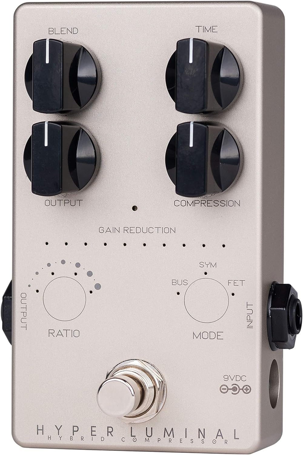 Lato view of the Darkglass Hyper Luminal Bass Compressor Pedal, showing the input and output jacks on the sides, and the power input at the top right.