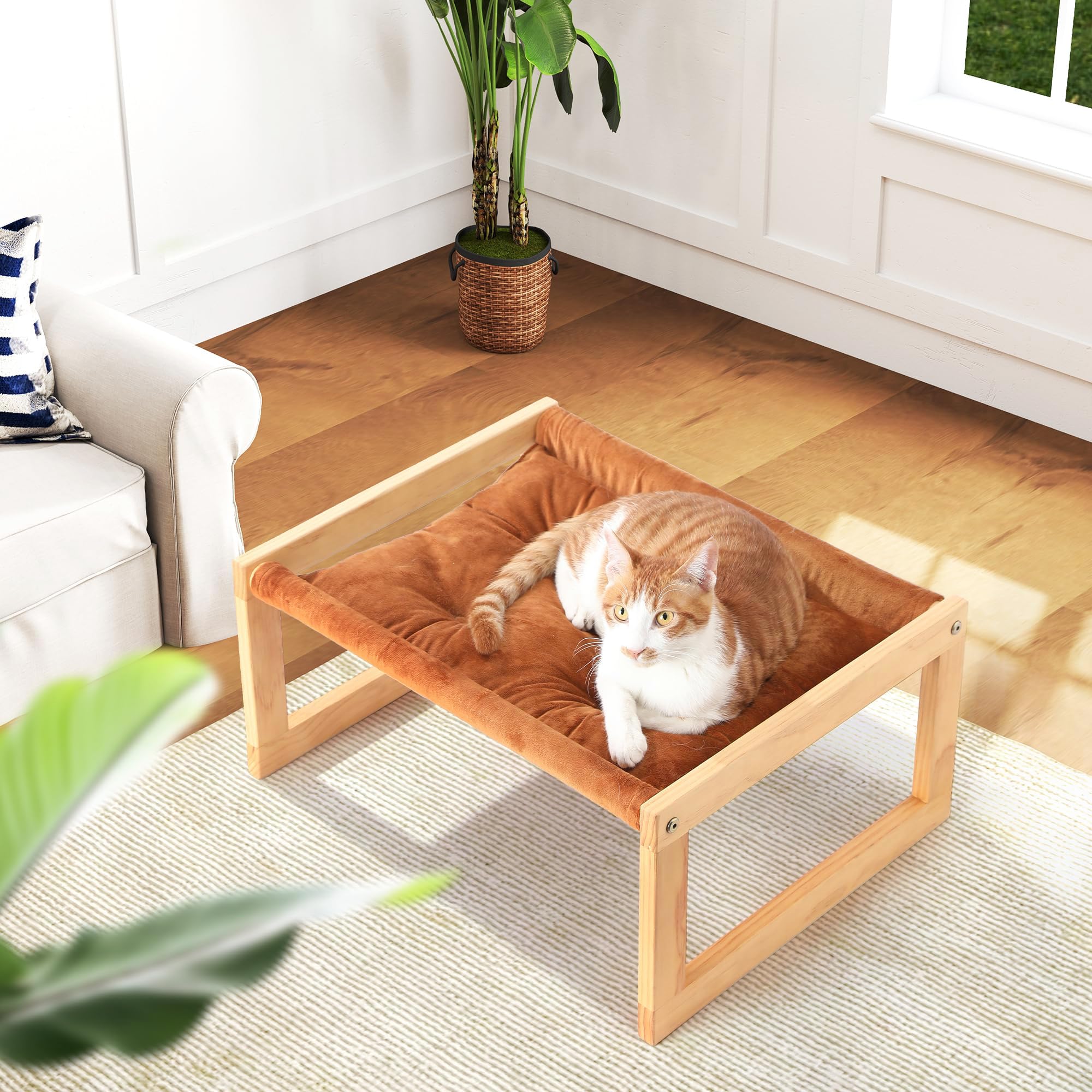 FUKUMARU Cuccia per gatti in velluto felpato per interni, amaca per gattini in legno, 53 x 41 cm, adatta per gatti, cani, conigli, conigli, gattini e piccoli animali, marrone