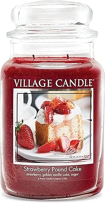 Village Candle Strawberry Pound Cake, Large Glass Apothecary Jar Scented Candle, 21.25 oz, Red