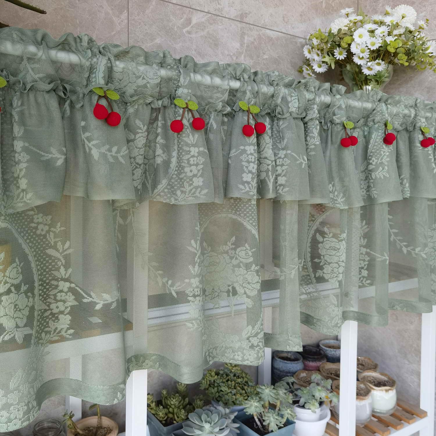 Sage Green Lace Curtain Valance 20 inch for Kitchen Bathroom Vintage Sheer Curtain Rod Pocket Voile Panel Cafe Curtain Window Treatment Valance for Small Windows, 2 Panels,Each W39 x L20 inch