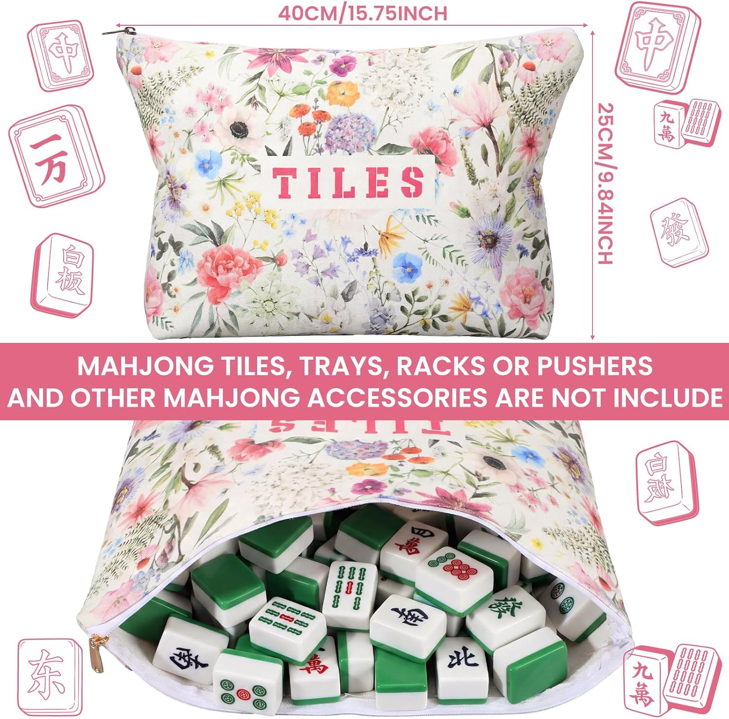 3 Pcs Empty Mahjong Bags Set for Tiles and Racks 24 x 13 x 4.7 Inches Floral American Mahjong Carrying Bag Tiles Bag Drawstring Protective Sleeve for Rack Party Travel, Case Only(Wildflower)