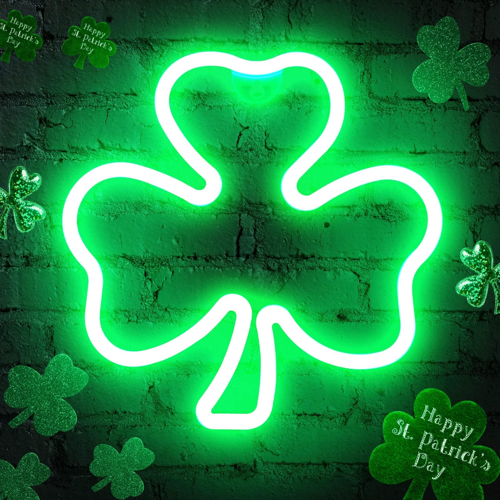 – 11.5 Inch St Patricks Day Decorations,Irish Clover LED Window Lights,USB Powered Control,St. Patrick's Day Green Clover Lighted Decorations for Window Wall Indoor Outdoor Party Favors