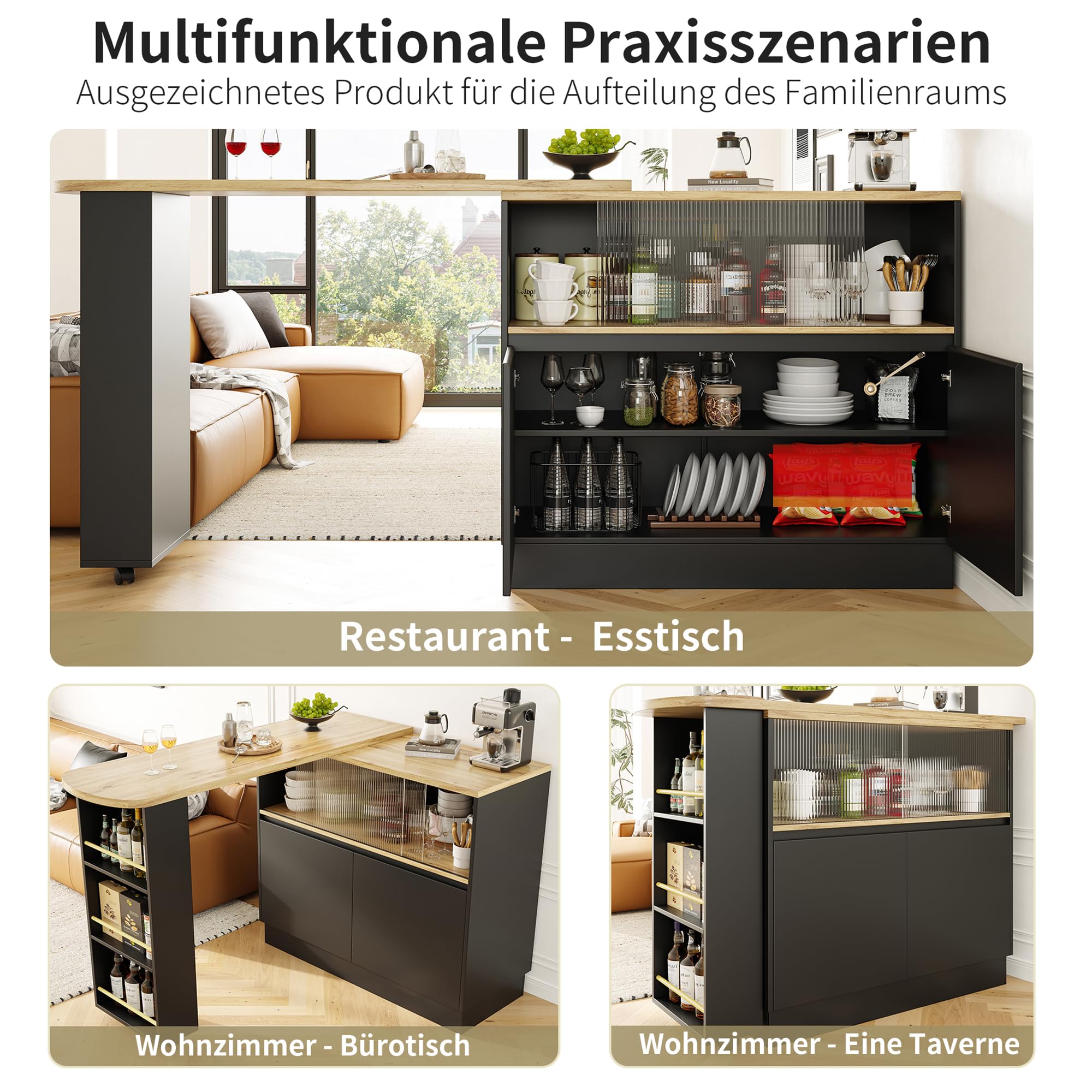 Bladez Aparador giratorio de 360°, mueble de bar moderno multifuncional de MDF, 90 x 45 x 100 cm, con puerta corredera de cristal y estantes, para cocina y restaurante (negro)