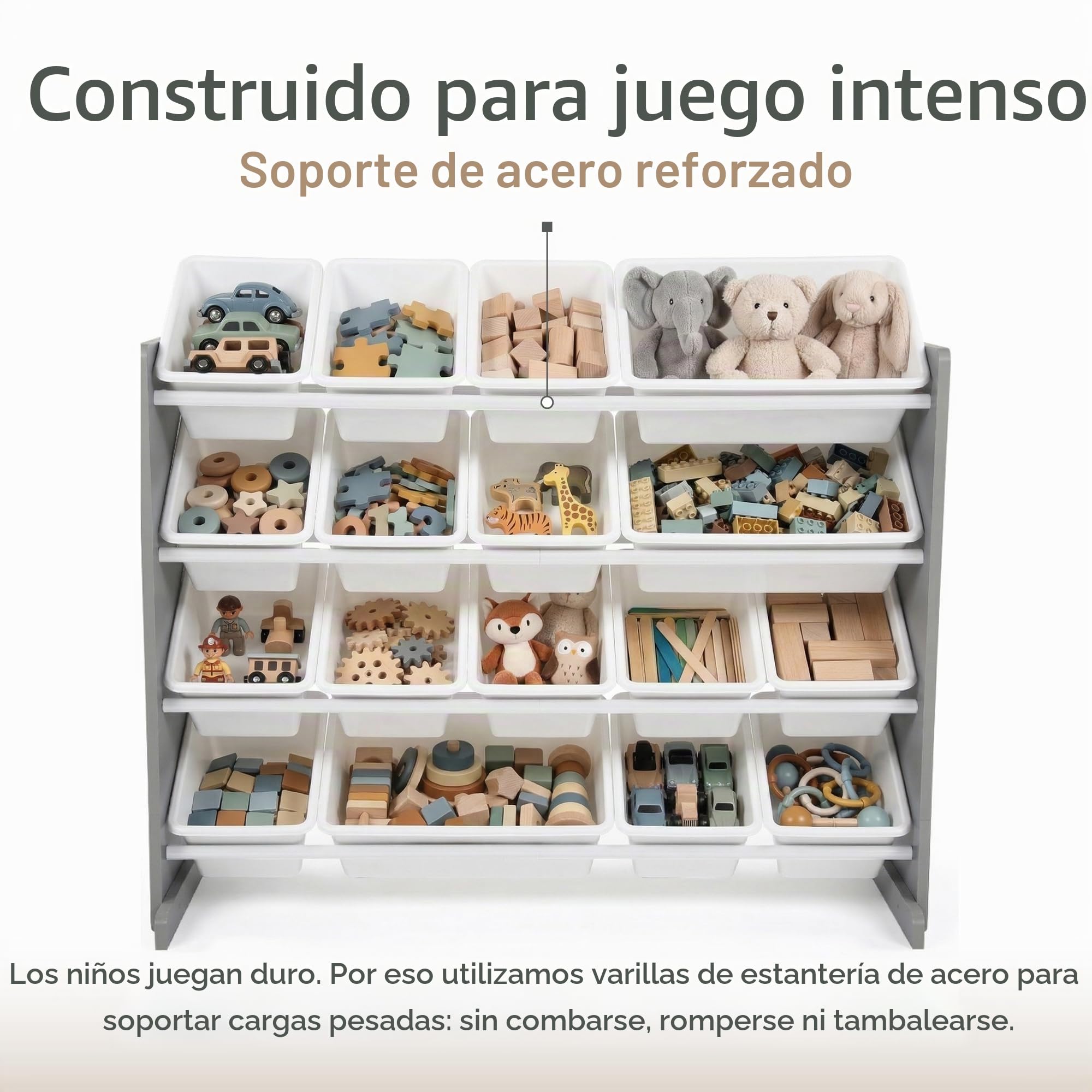 Humble Crew estantería Infantil Gris/Blanco: 16 Cajas Almacenamiento, Madera, Organiza Juguetes, Segura, Moderna, fácil Montaje