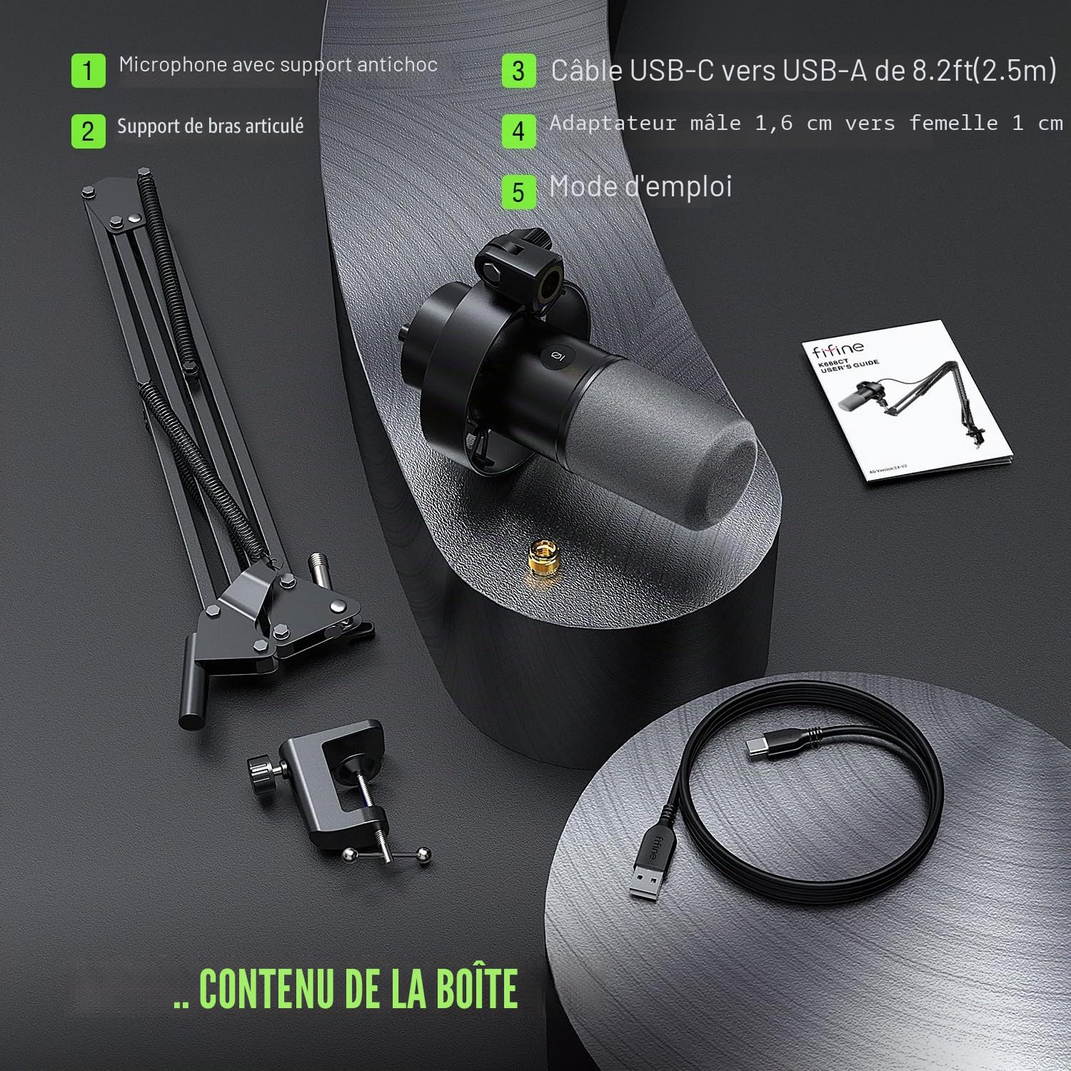 FIFINE Podcast Microphone K688 avec Bras Boom, Kit de Microphone Dynamique USB/XLR pour Studio/Enregistrement de Musique/Diffusion,Compatible avec PC/Ordinateur/mixeur XLR - K688CT