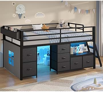 ADORNEVE Low Loft Bed Twin Size with 7 Storage Drawers, Bookcase and LED Lights, Metal Kids Loft Bed with 14