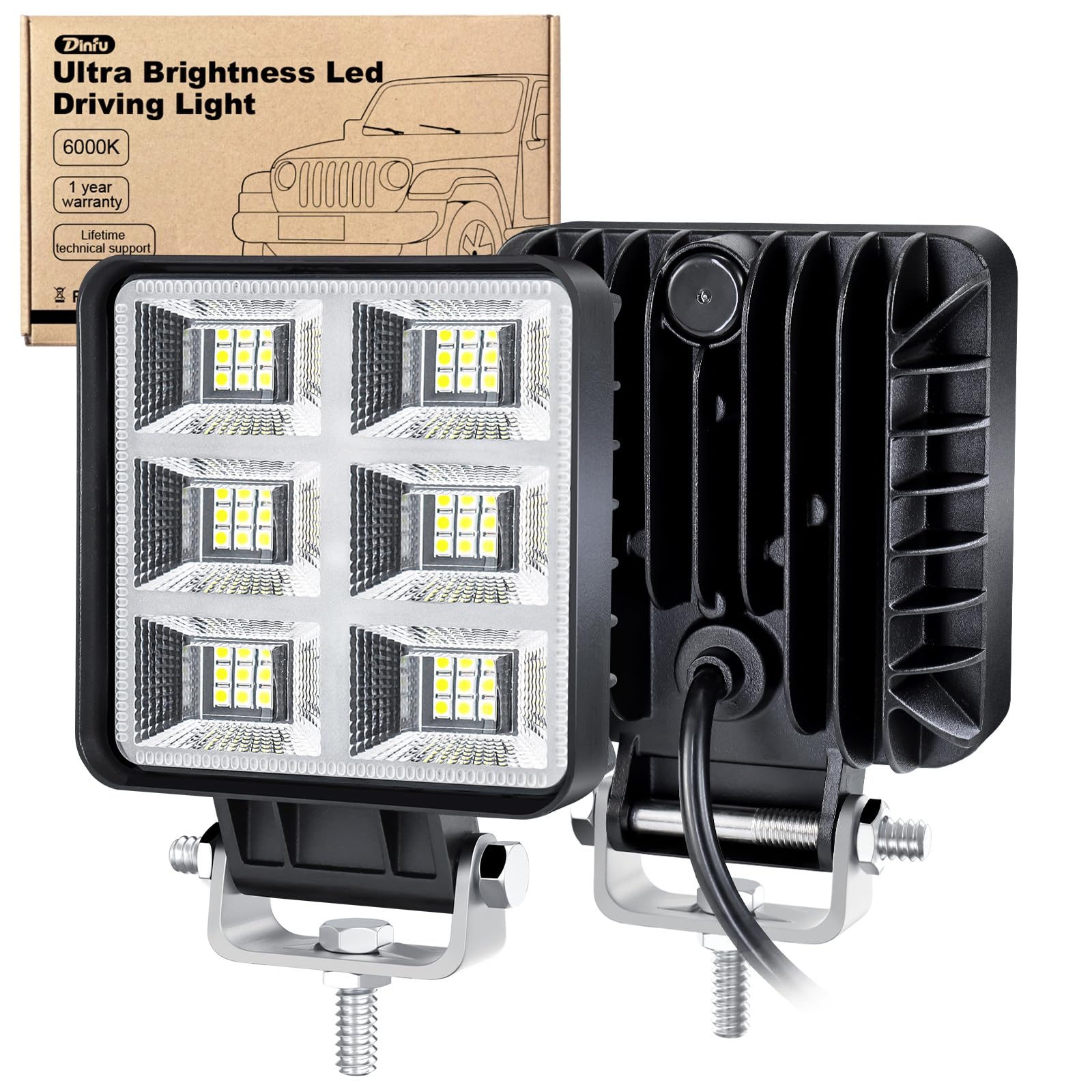 Dinfu phare de travail led tracteur,2 x 144W 4" LED Projecteur de travail Phares Longue Portee led IP68 Spot offroad Lumière pour Voiture Camion Tracteur SUV Bateau