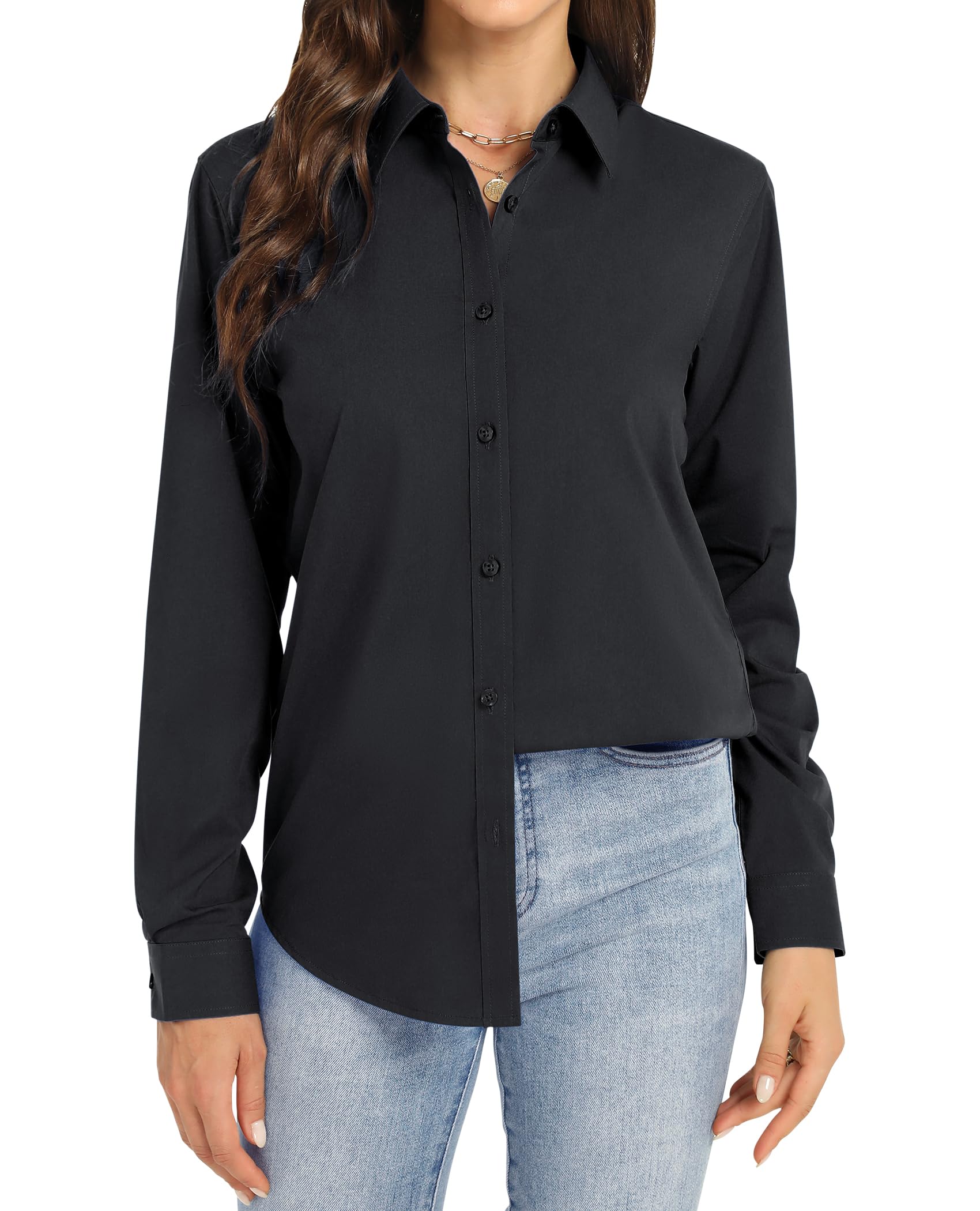 J.VER Bluse Damen Business Bügelfrei Langarmshirt Einfarbig Tops Kragen Baumwolle Oberteile Knitterfreies Damen Hemdbluse Mode Für Damenblusen