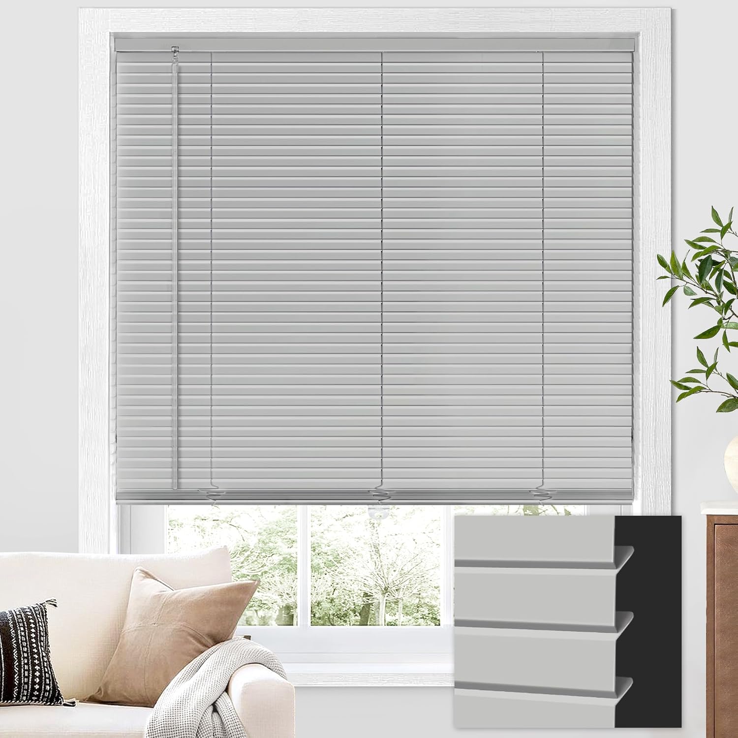 Aluminum Cordless Mini Blinds for Indoor Windows Room Darkening 100% Privacy 1" L-Shaped Blades Window Blinds for Home, for Window Size 22" W × 64" H, Silver Grey Silver Grey 22" W × 64" H
