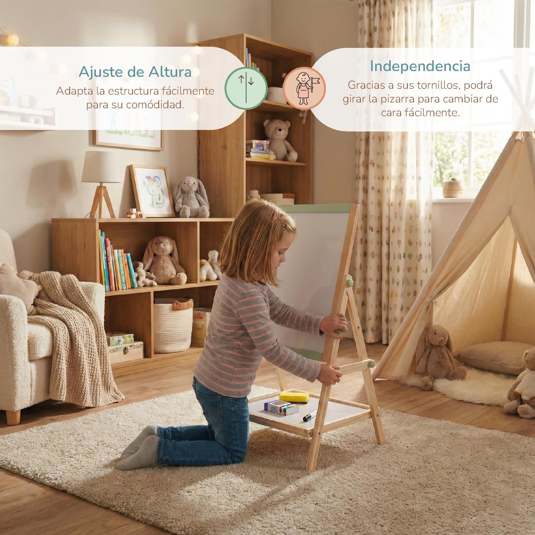 Buddy Baby - Pizarra Creativa 2 en 1 CreativeBoard - Desde 3 años - Superficie blanca y tiza - Incluye caja de tizas, 2 borradores y 1 boli - Balda inferior para accesorios - Ajustable en altura