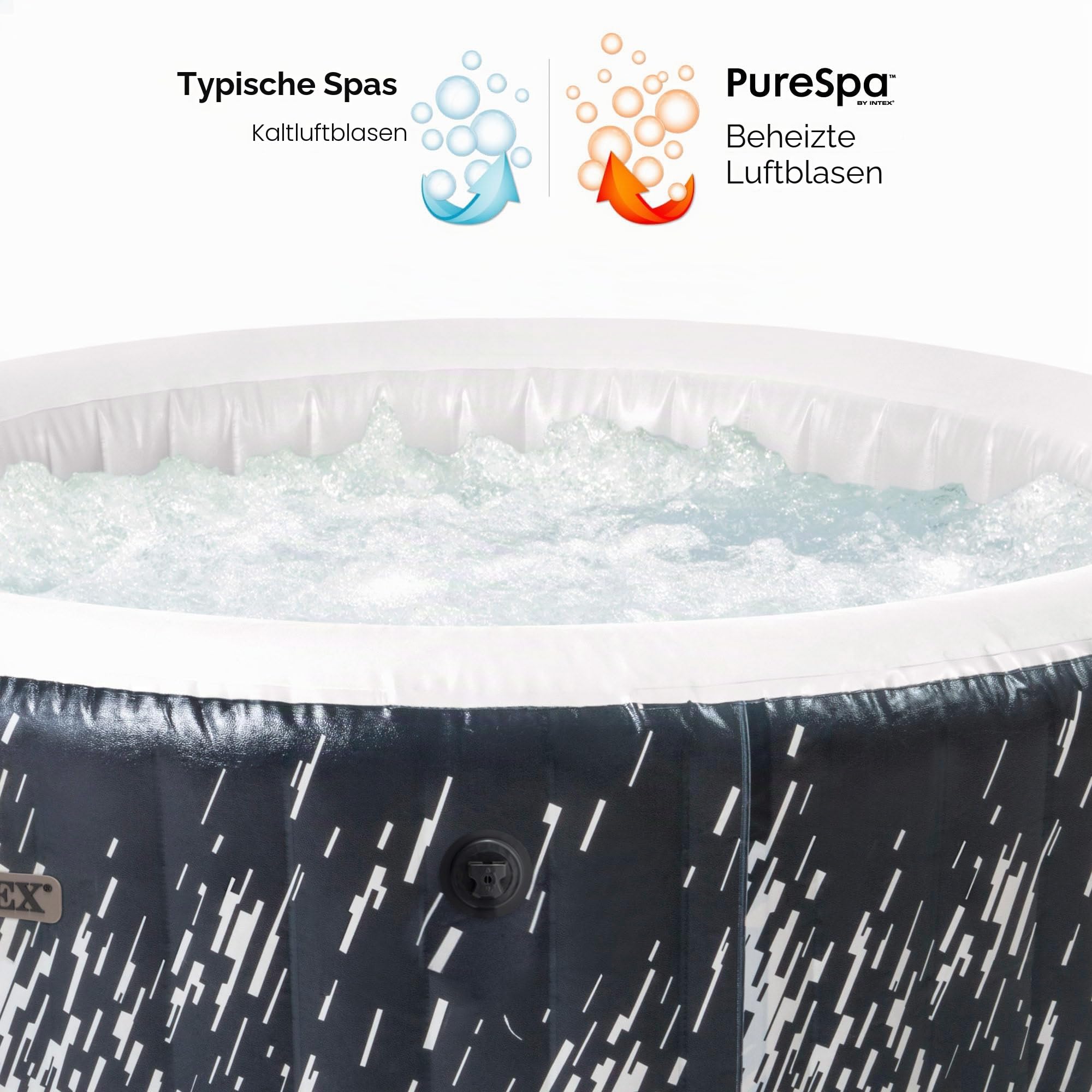 INTEX PureSPA Bubble Glow Deluxe In- & Outdoor Whirlpool aufblasbar für 4 Personen mit Ambientelicht (196x71cm) Wasserenthärtungs- & Salzwassersystem - 140 Massagedüsen - 2200 W Heizsystem (28494NP)