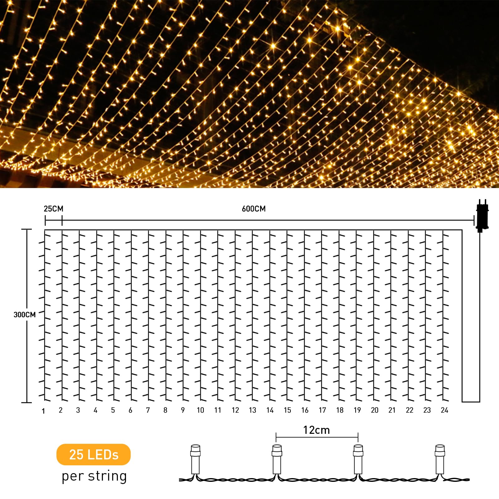 GlobaLink Lichtervorhang Warmweiß 6m x 3m, 600 LEDs mit Stecker | IP44 wasserdicht LED Lichtervorhang erweiterbar für Zimmer, Hochzeit, Fenster und Weihnachten, Innen- und Außengebrauch