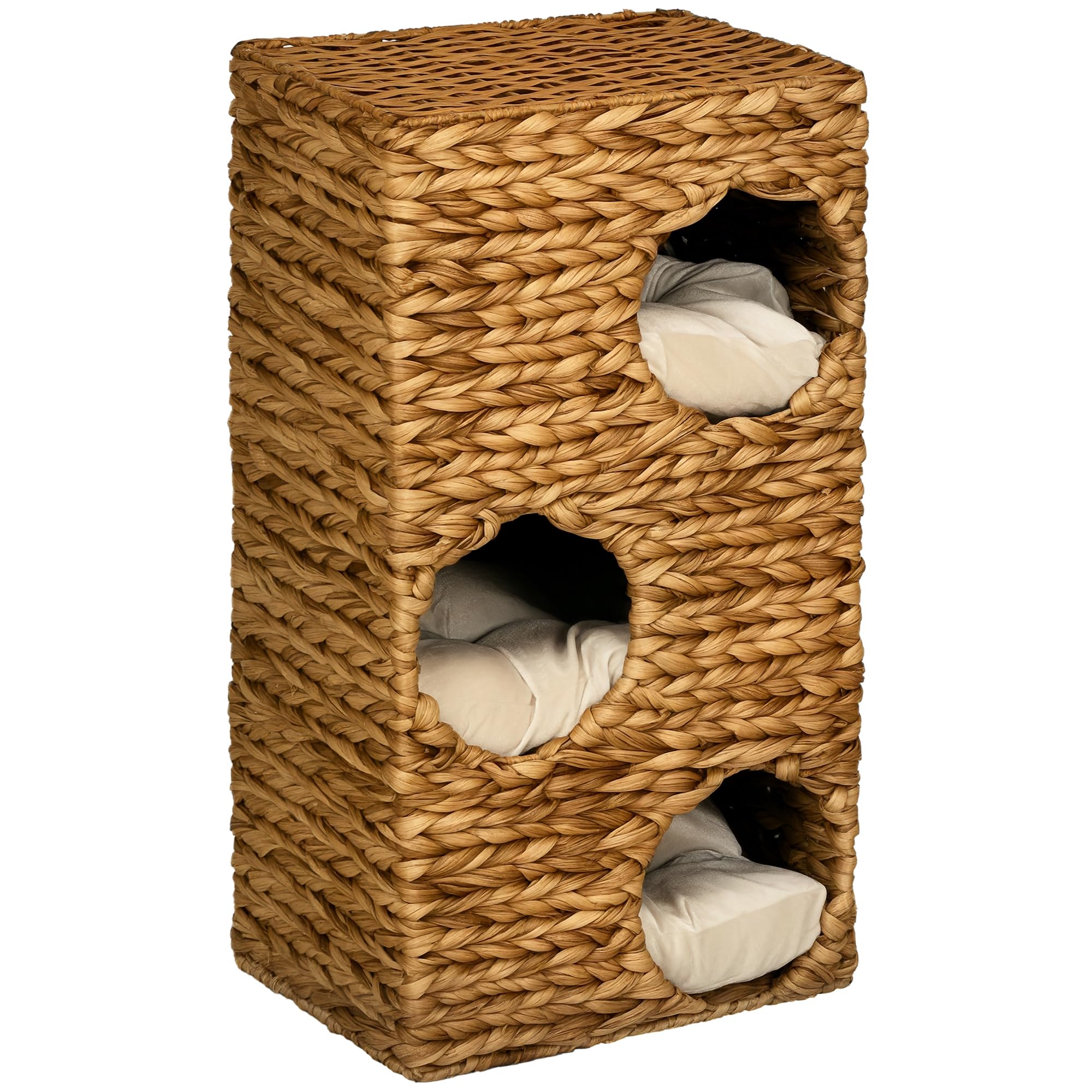 PawHut barril rascador, barril para gatos de 76 cm de altura con 3 cuevas, cojines lavables, poste rascador, torre para gatos hecha de jacinto de agua, marrón claro