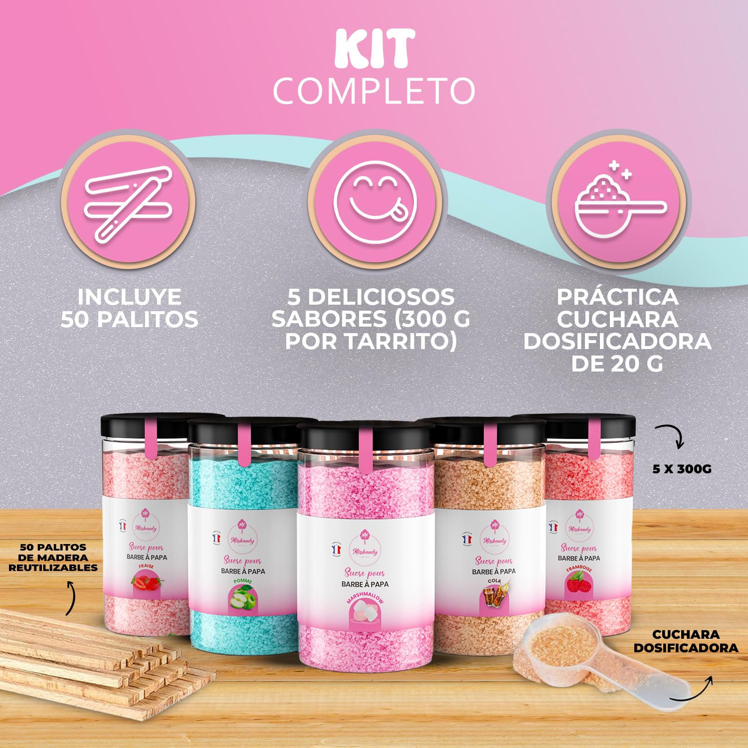 Algodón de azúcar Misskandy para máquina 1,5kg sabores fresa, manzana, malvavisco, cola, frambuesa + 50 barritas 30cm