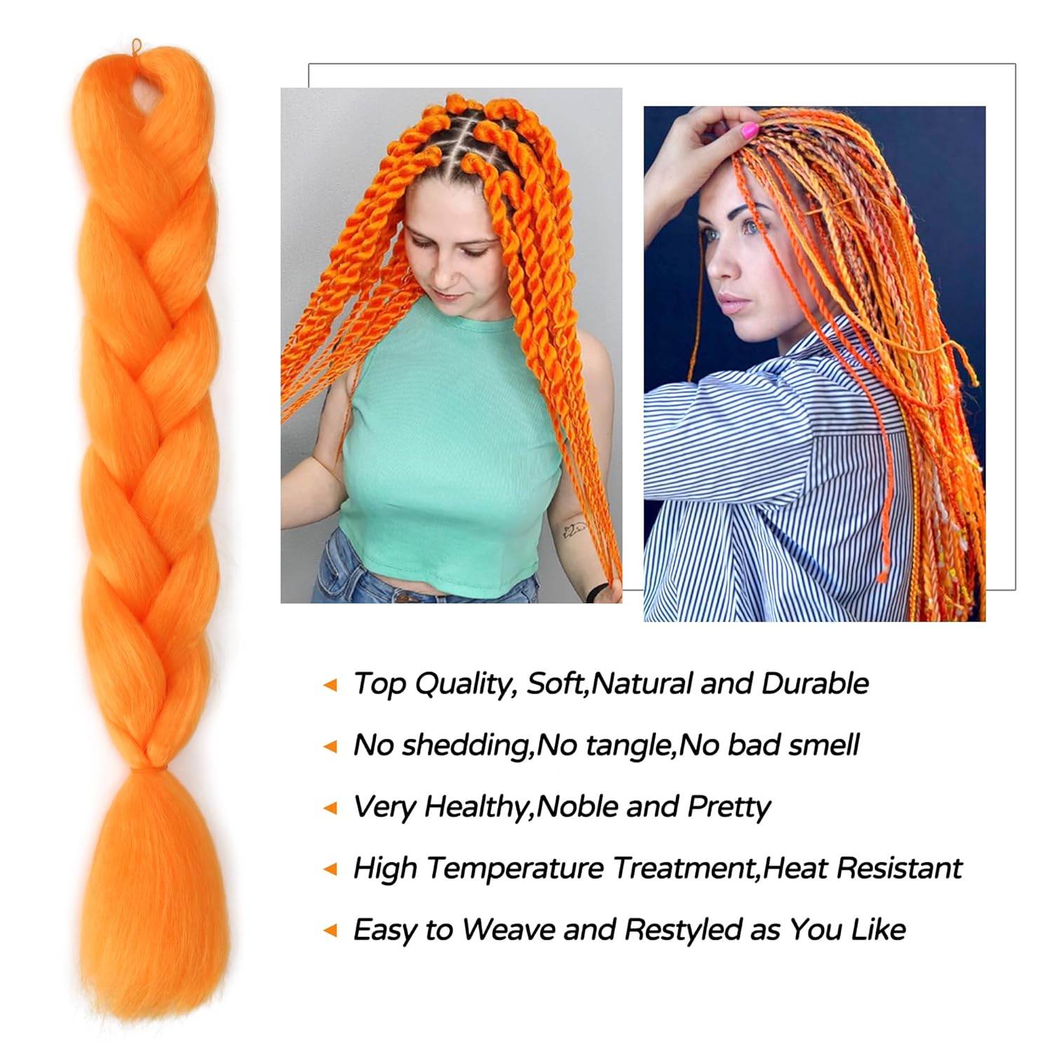 Orange Braiding Hair Extensions Premium Synthetic Hair Braids Crochet Hair for Women 24 Inches 100g/bundle (3 Bundles/Pack,Color:Orange) - Image 2