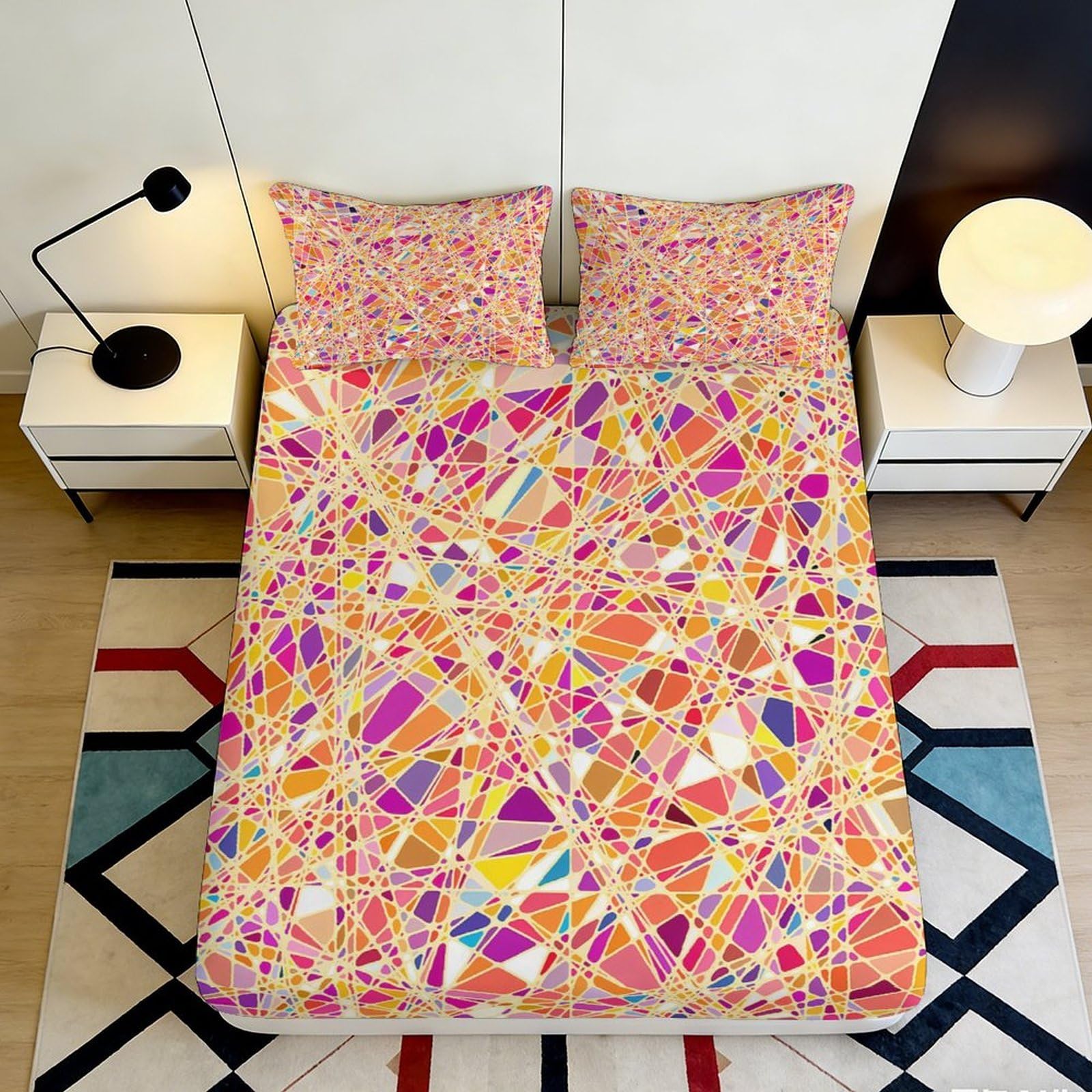 Kzqnxhjprl Style-5 3D Printed Colorful Abstract Fitted Sheet Microfiber Soft Geometric Mosaic Mattress Cover For Bedroom Dorm Decorative 90X200x25cm