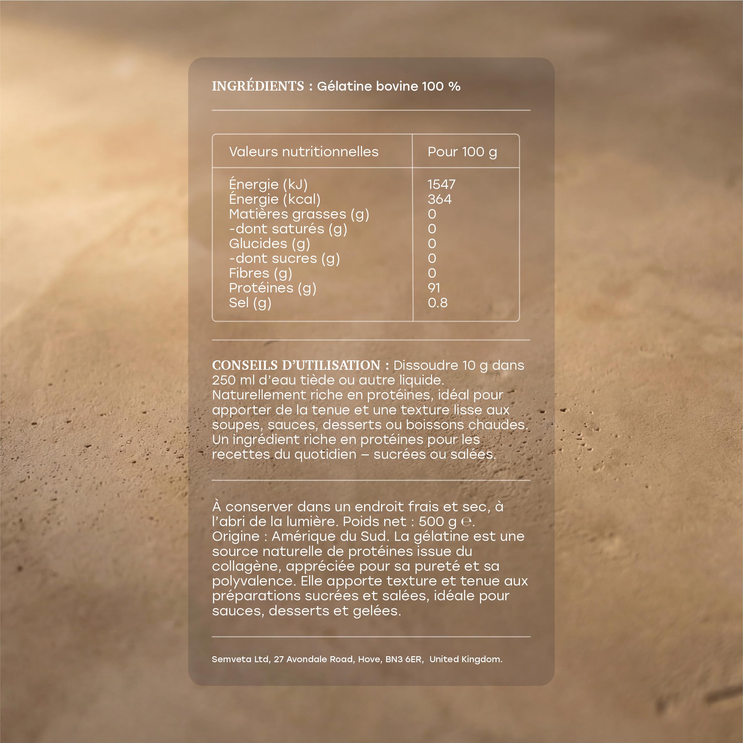 Gélatine Bovine 500 g - Poudre De Collagène Naturelle Pour La Santé Des Os Et Du Système Digestif - Gélatine De Bœuf En Poudre - Épaississant Alimentaire Pour La Cuisine, Les Bouillons Et Les Ragoûts