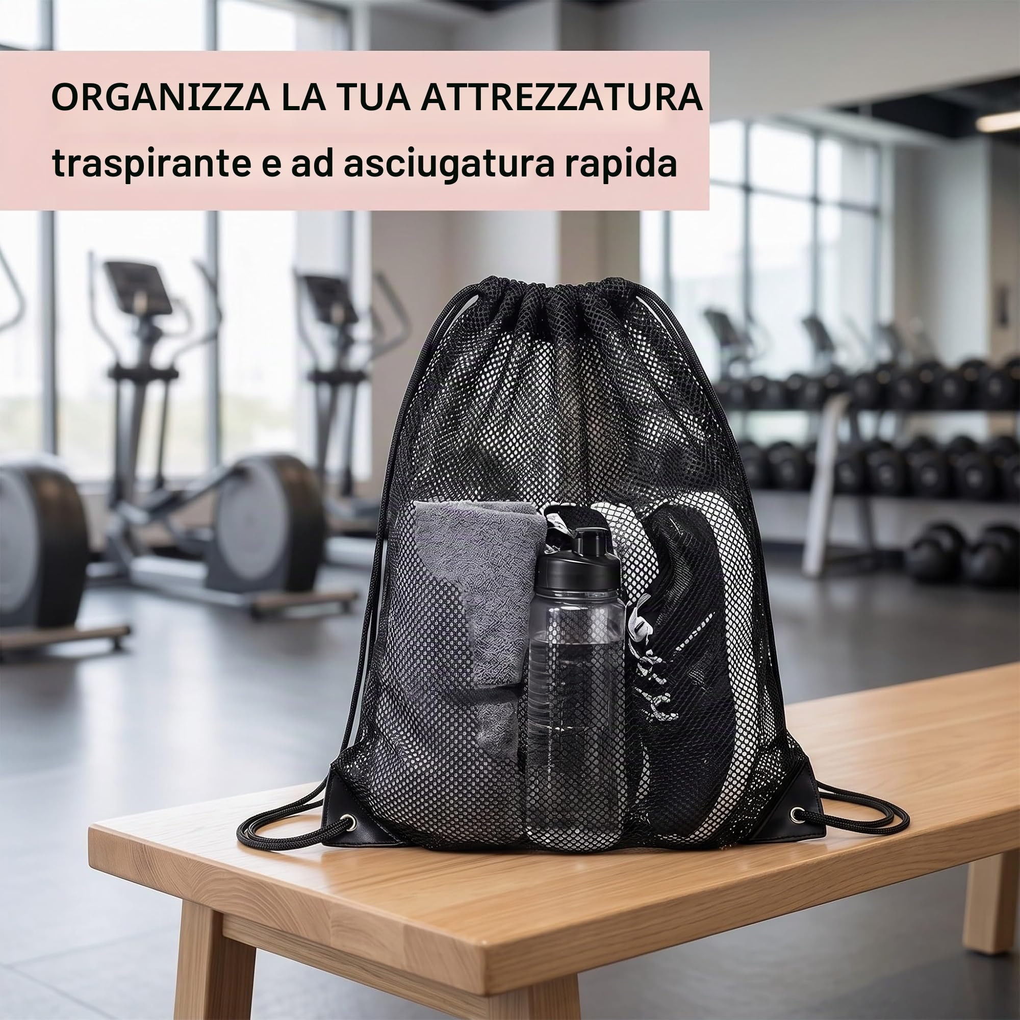 Sacca rete con cordino, zaino arena nuoto, borsa a maglie traspirante e capiente per sport, spiaggia, viaggi, adatto a nuoto, calcio, palestra