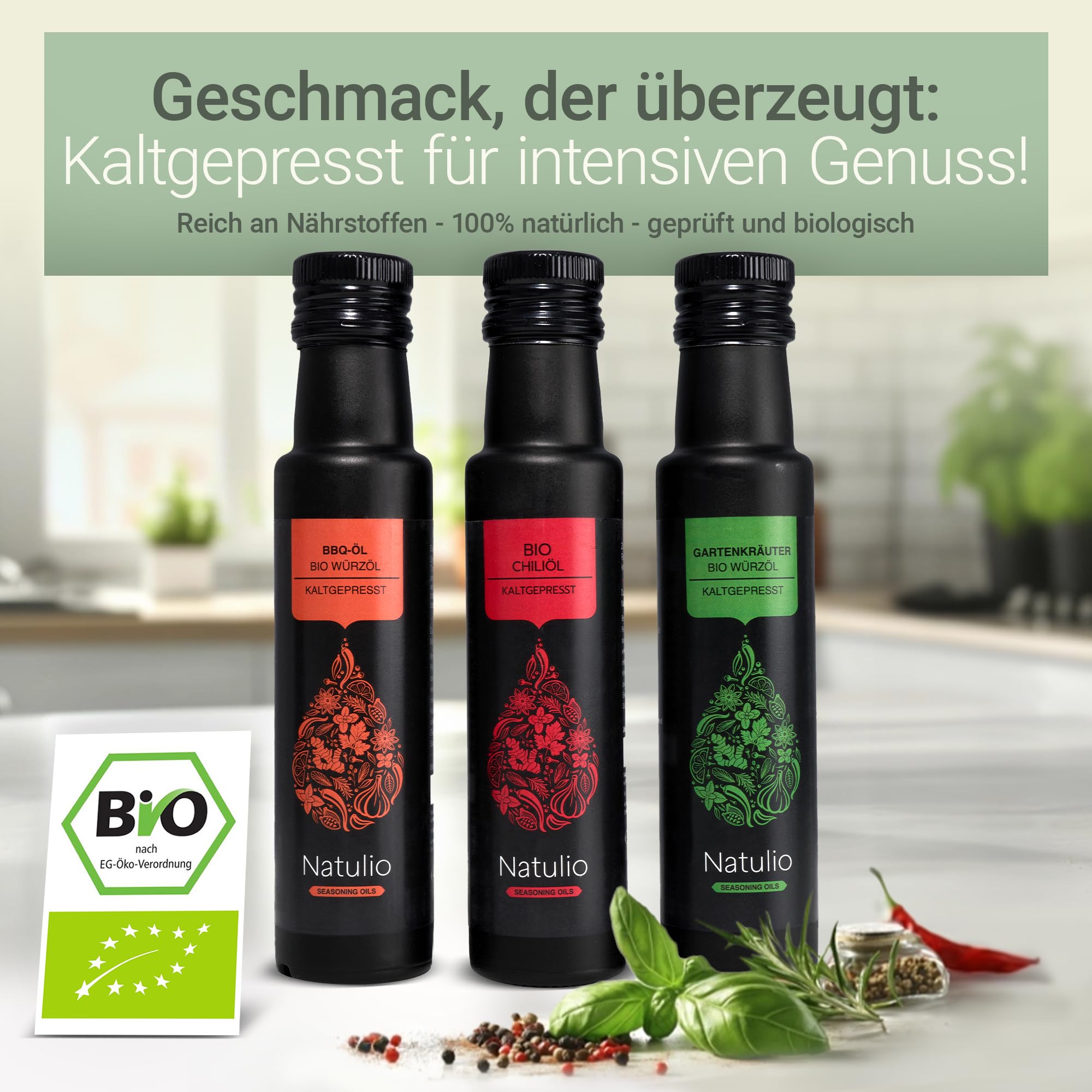 Natulio Bio Öl Geschenkset Gewürzöle kaltgepresst - Geschenkidee - das perfekte Weihnachts-Geschenk für alle Feinschmecker - Geschenkset aus Chiliöl, Gartenkräuteröl & BBQ-Öl - 3x100ml -DE-ÖKO-006