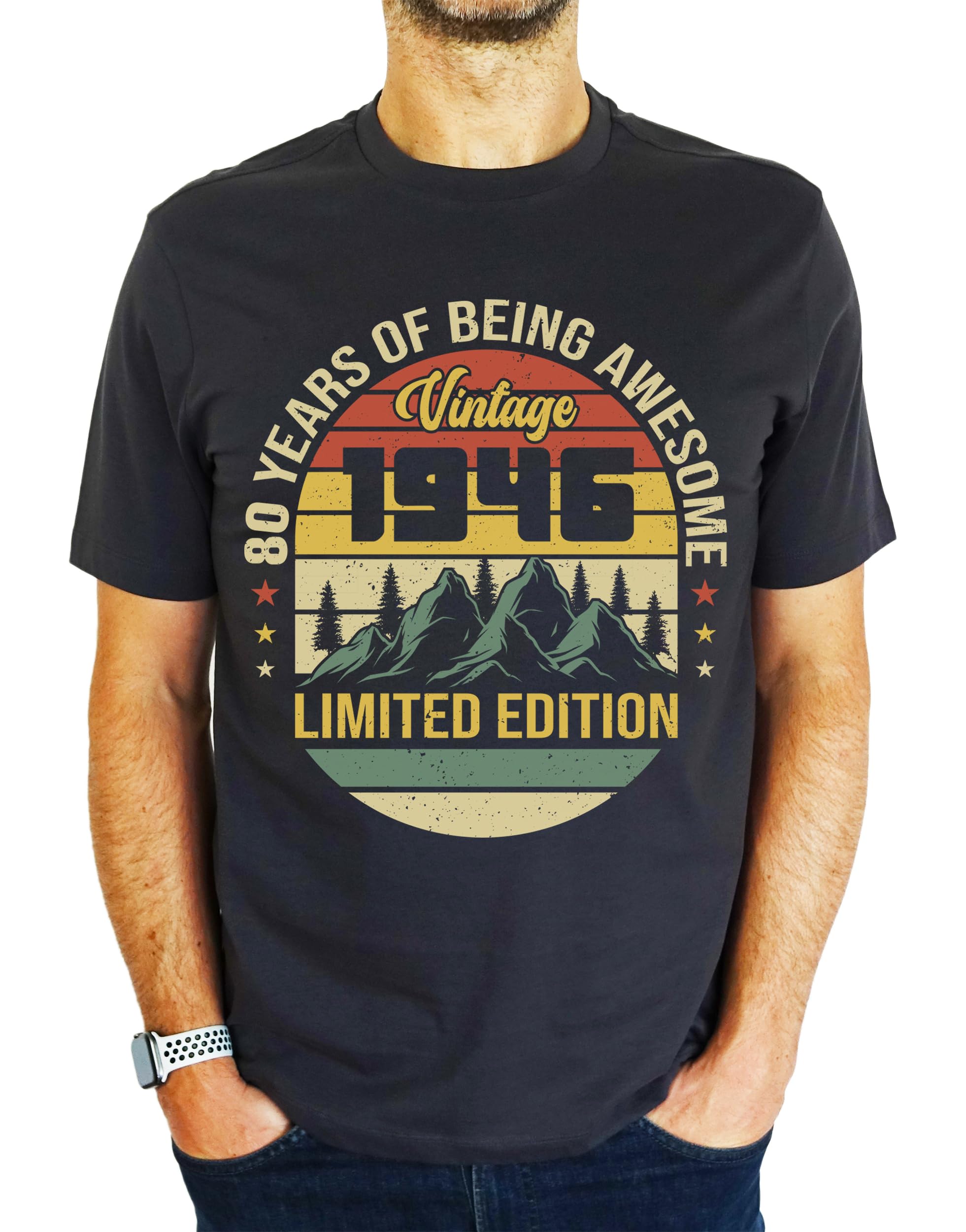 My Generation Gifts Men's Charcoal Grey 1946 Vintage Mountain - Limited Edition - 80Th Birthday Gift | Present T-Shirt Xl