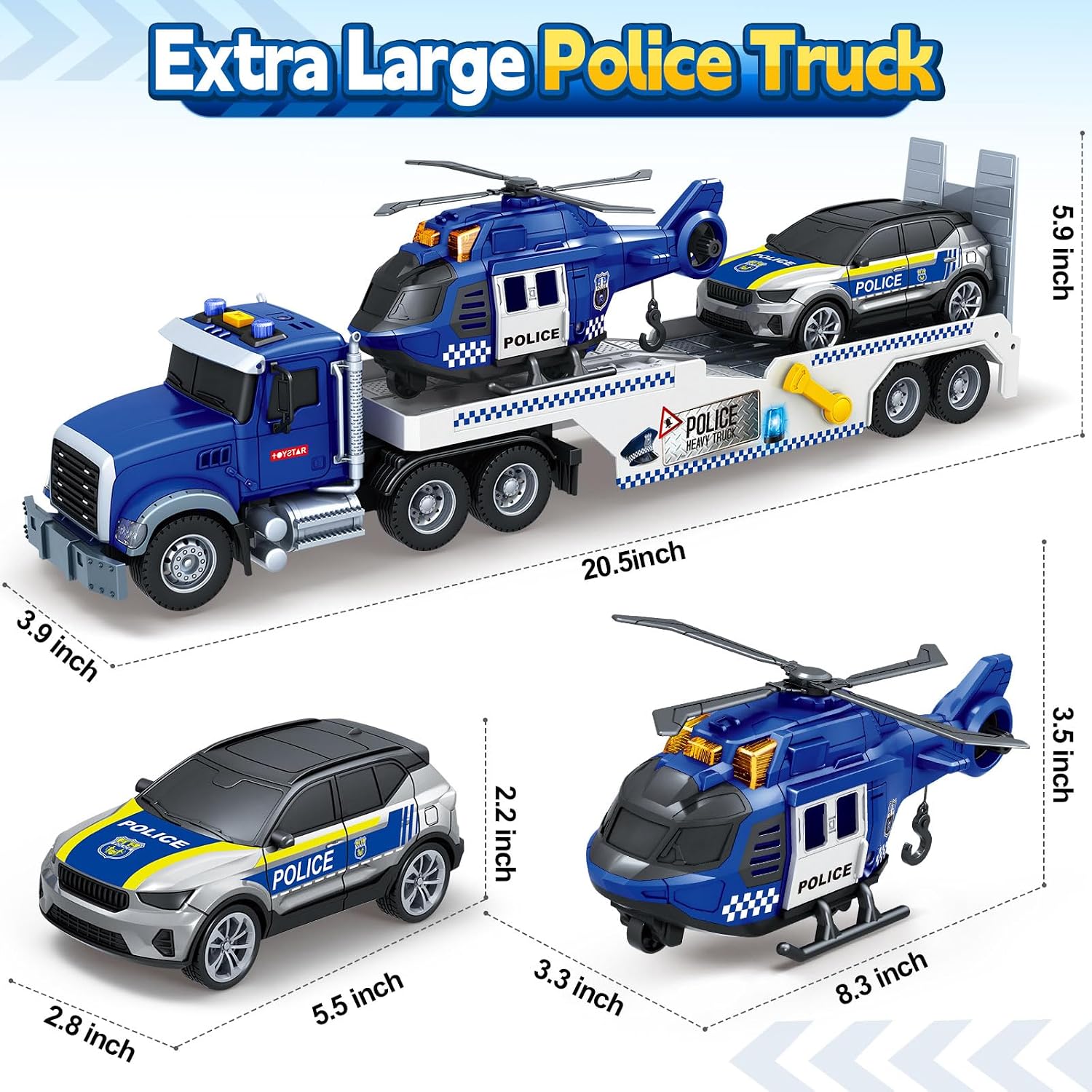 SpringFlower 21" Semi Truck Toy, 3 4 5 6 Year Old Boys Toddlers Police Truck Toy with Racing Car and Helicopter, 3 in 1 Police Car Toy, Birthday Gifts for Kids Child 3 4 5 6 Years Old
