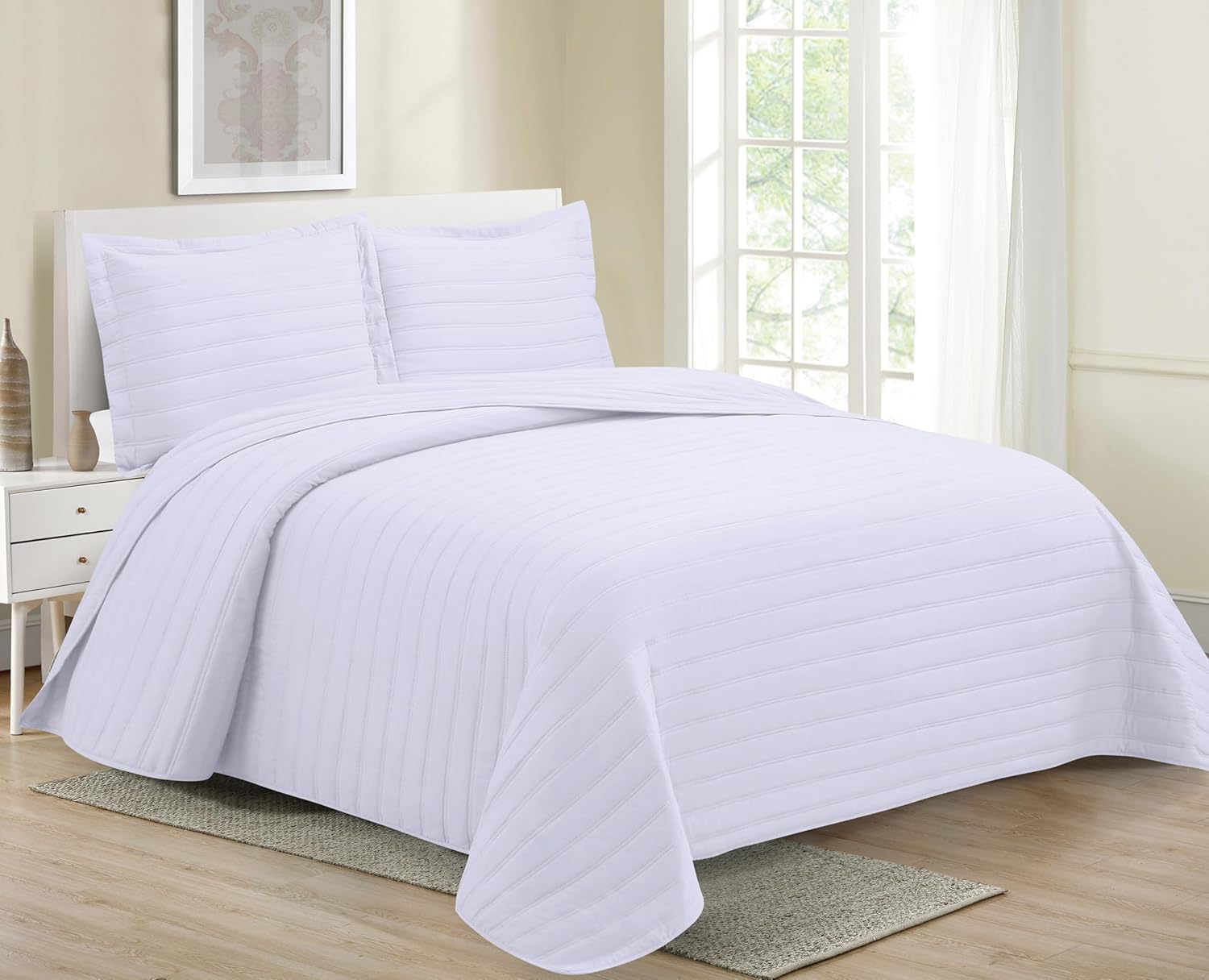 MK Collection Embossed Modern Quilt Oversized Coverlet Bedspread Set Solid Color New #Nancy (White, Full/Queen)