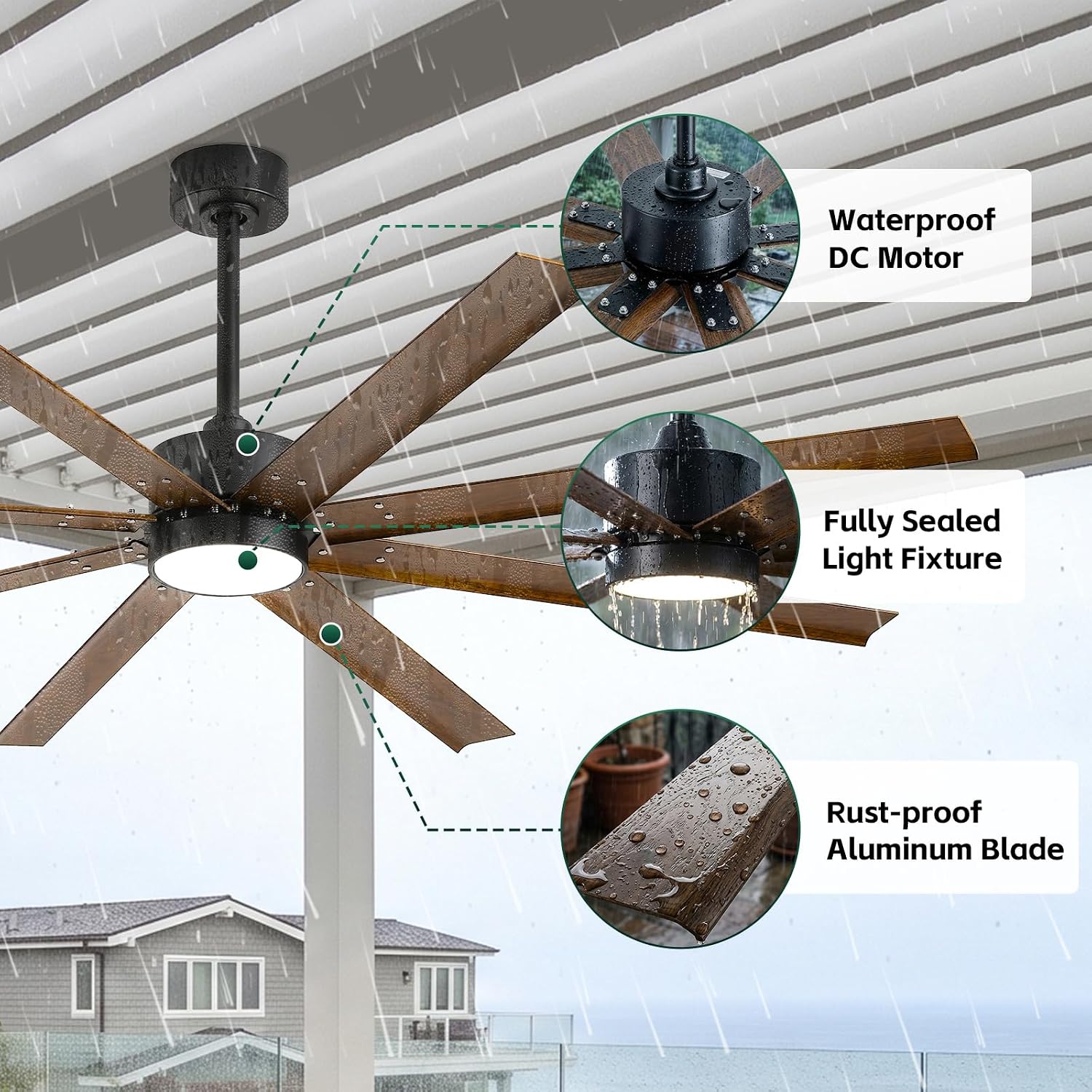 56 Inch Wet Rated Outdoor Smart Ceiling Fan with Light for Patios, Waterproof Ceiling Fan with Alexa/App/Remote Control, 8 Anti-Rust Aluminum Blades, Quiet DC Motor with 7446 CFM Airflow, ETL Listed