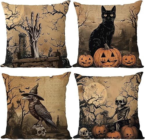 Miniatura 1 de Juego de 4 fundas de almohada de Halloween de 18 x 18 pulgadas, decoración de calabaza, fundas de almohada espeluznantes de fantasmas negros de