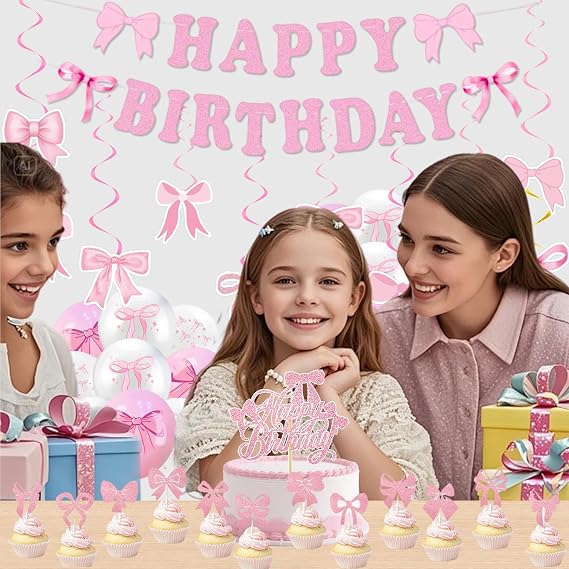 Pink Bow Birthday Decorations Girl - 32 Pcs Pink Bow Party Set