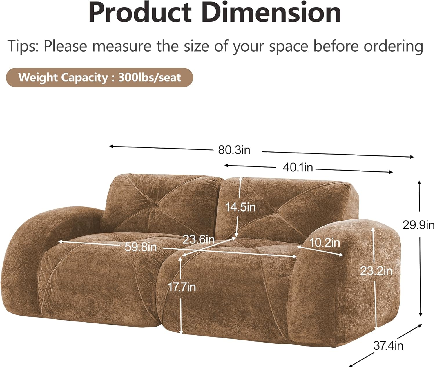 80" Sectional Modular Cloud Couch, Boneless Couches with Deep Seat, Convertible Love Seat Sofa Set for Living Room Bedroom Office, Camel