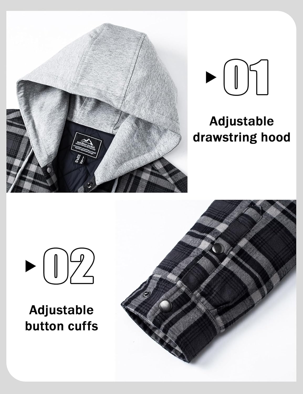 MAGCOMSEN Men's Quilted Lined Flannel Hoodie Jacket Cotton Button Down Shirt Jacket Long Sleeve Plaid Shirt Shacket