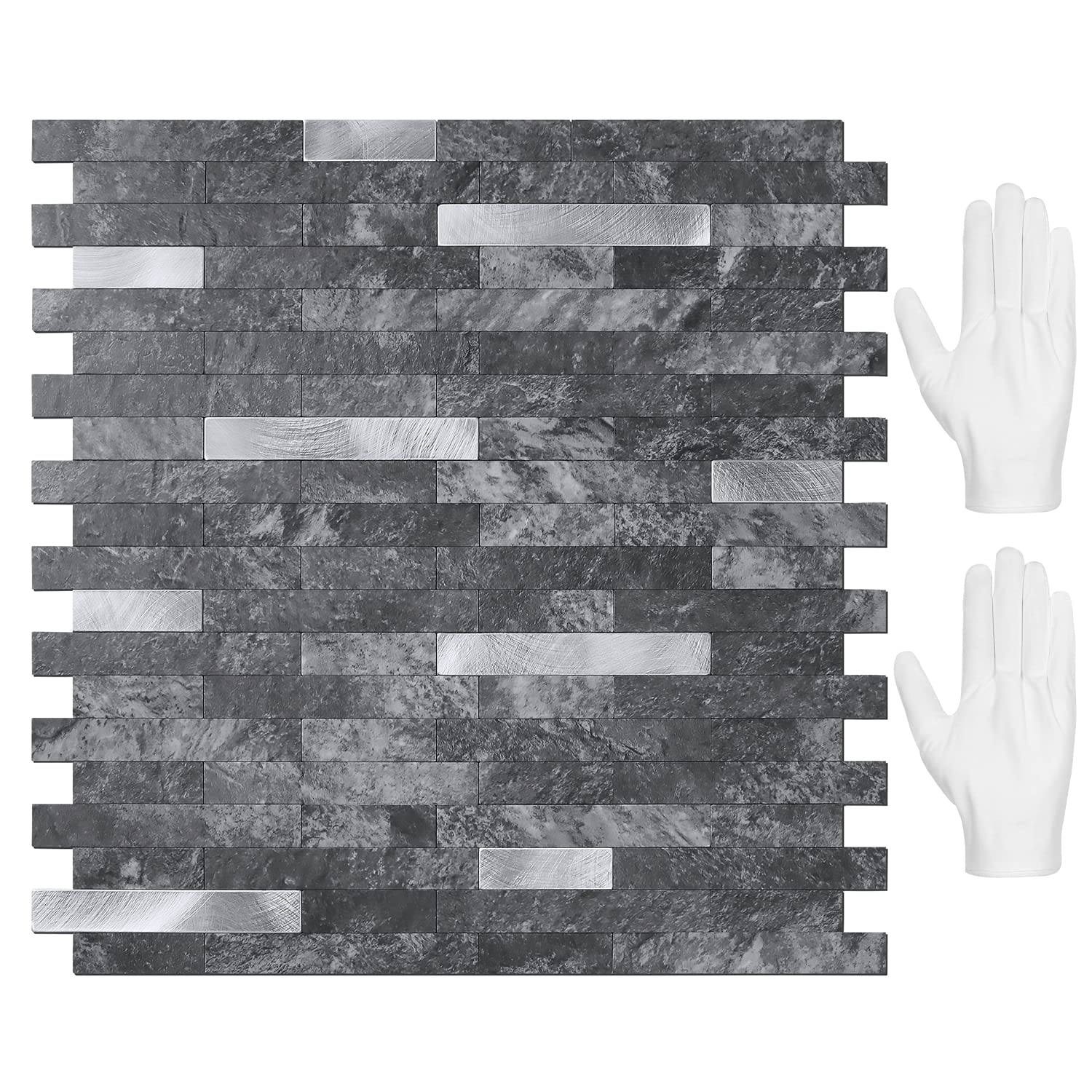 STICKGOO Peel and Stick Backsplash,PVC Wall Tiles Stick on Backsplash for Kitchen(10 Sheets, Black Slate with Metal Silver),(12 inch x 11.7 inch)