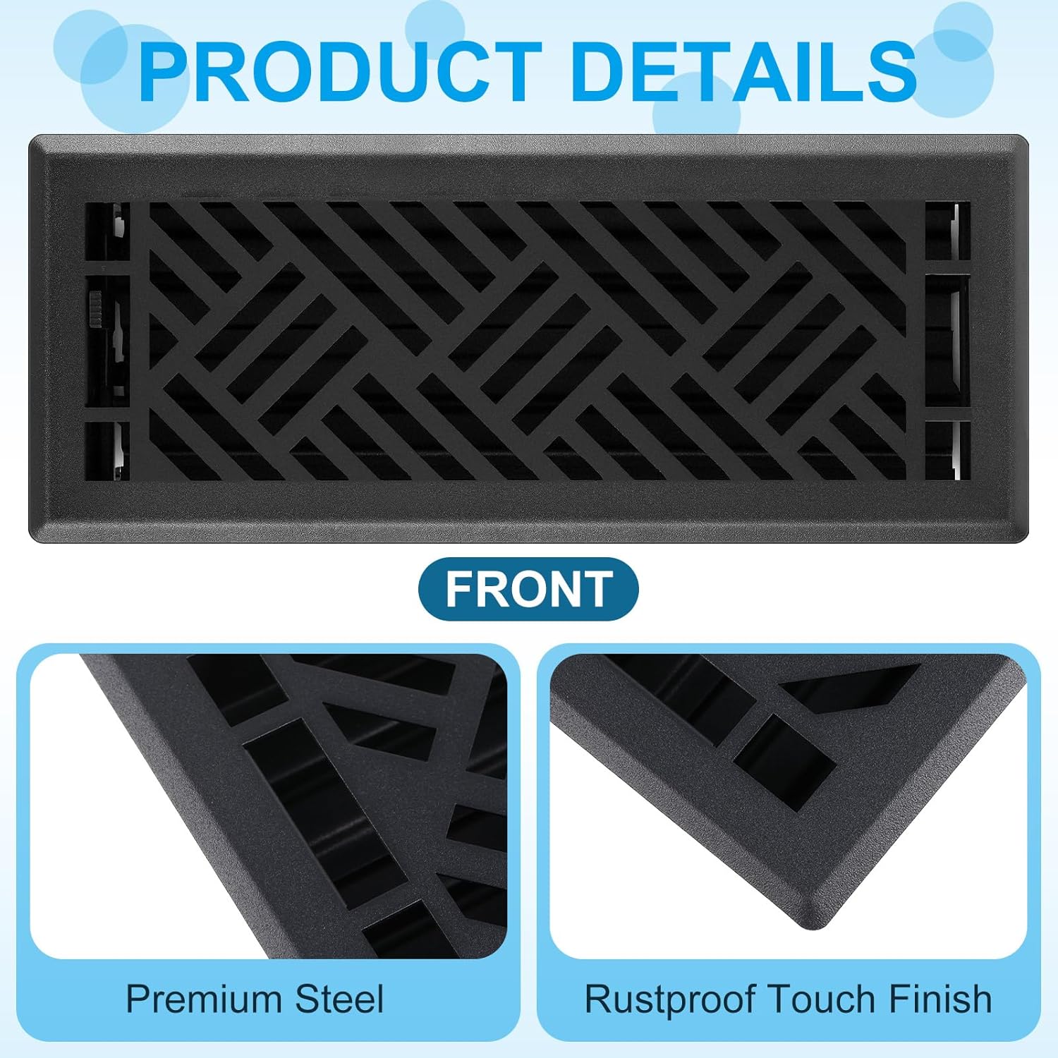 Blulu 4 Pack Floor Register 4" x 12" Black Vent Covers, Heavy Duty Walkable Steel Floor Vent Covers, Diagonal Pattern for Easy Air Flow, Adjustment Damper Rust Proof Finish for Home Decor