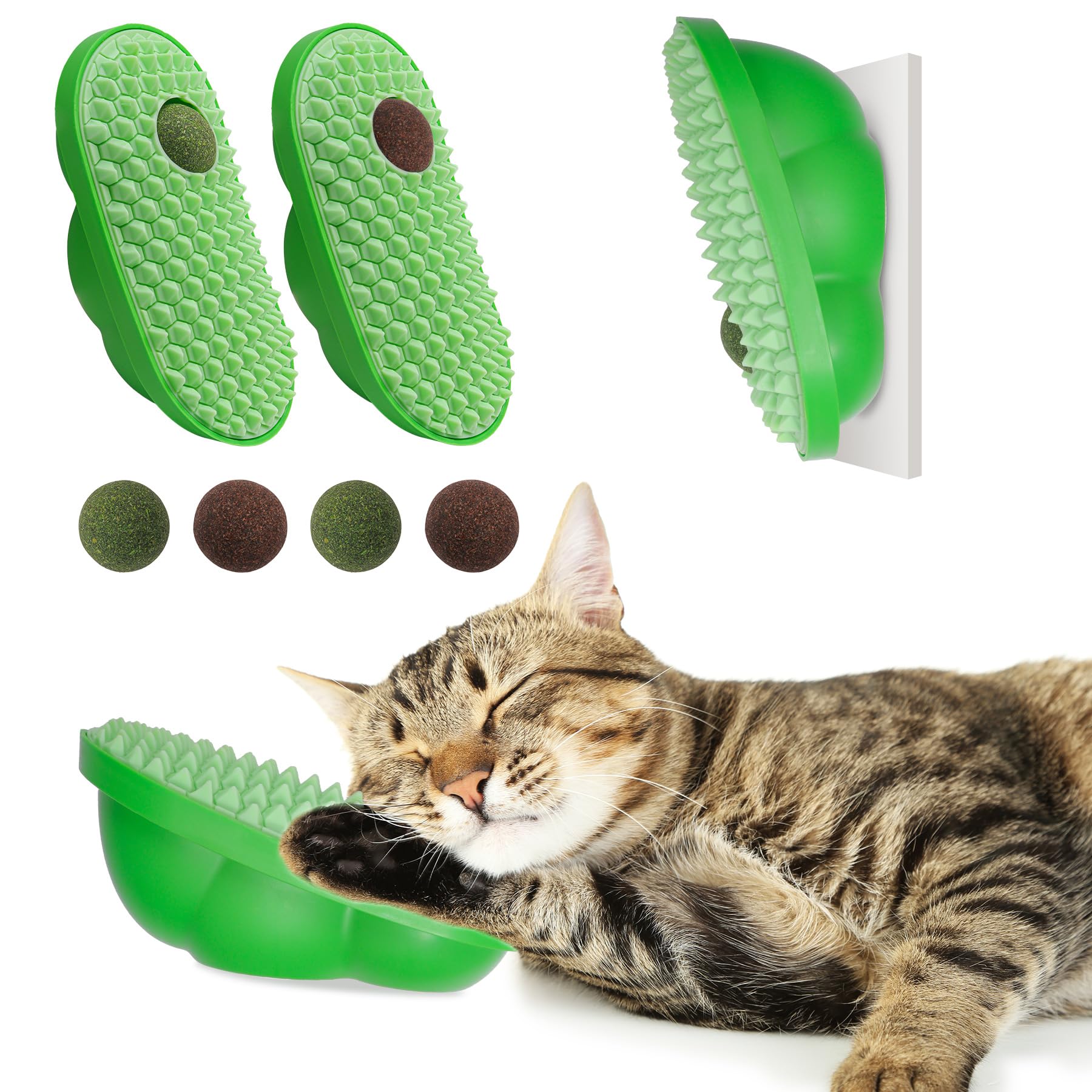 AUKSKY 2PCS Catnip Toys for Indoor Cats, Ball Stick on Wall with 6 Replace Catnip Balls, Self Groomer, Cat Face Scratchers, Catnip Wall Balls for Cats Lick