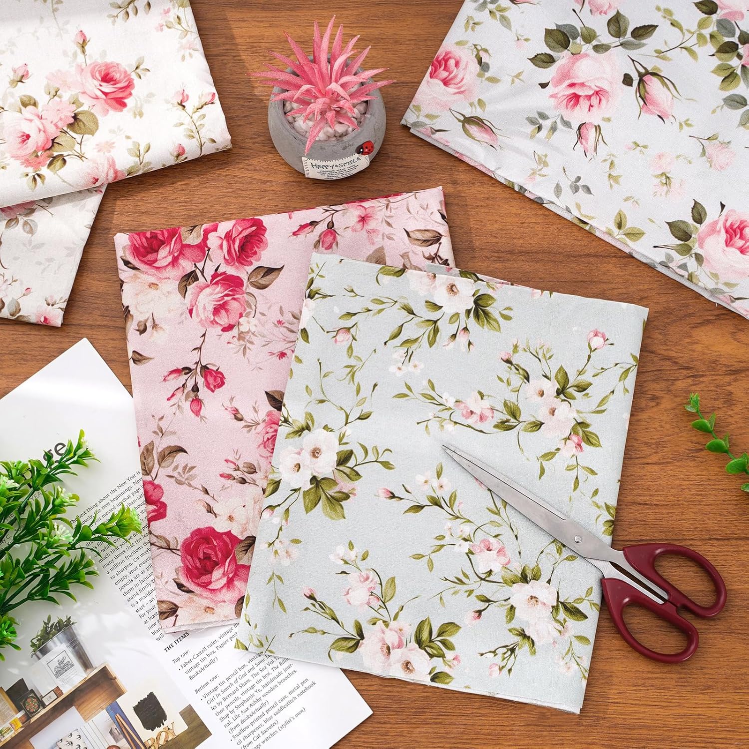 Whaline 12 Pcs Spring Cotton Fabric Bundles Pink Vintage Rose Fat Quarters Pastel Flower Floral Quilting Patchwork for DIY Handmade Crafting, 18 x 22 Inch
