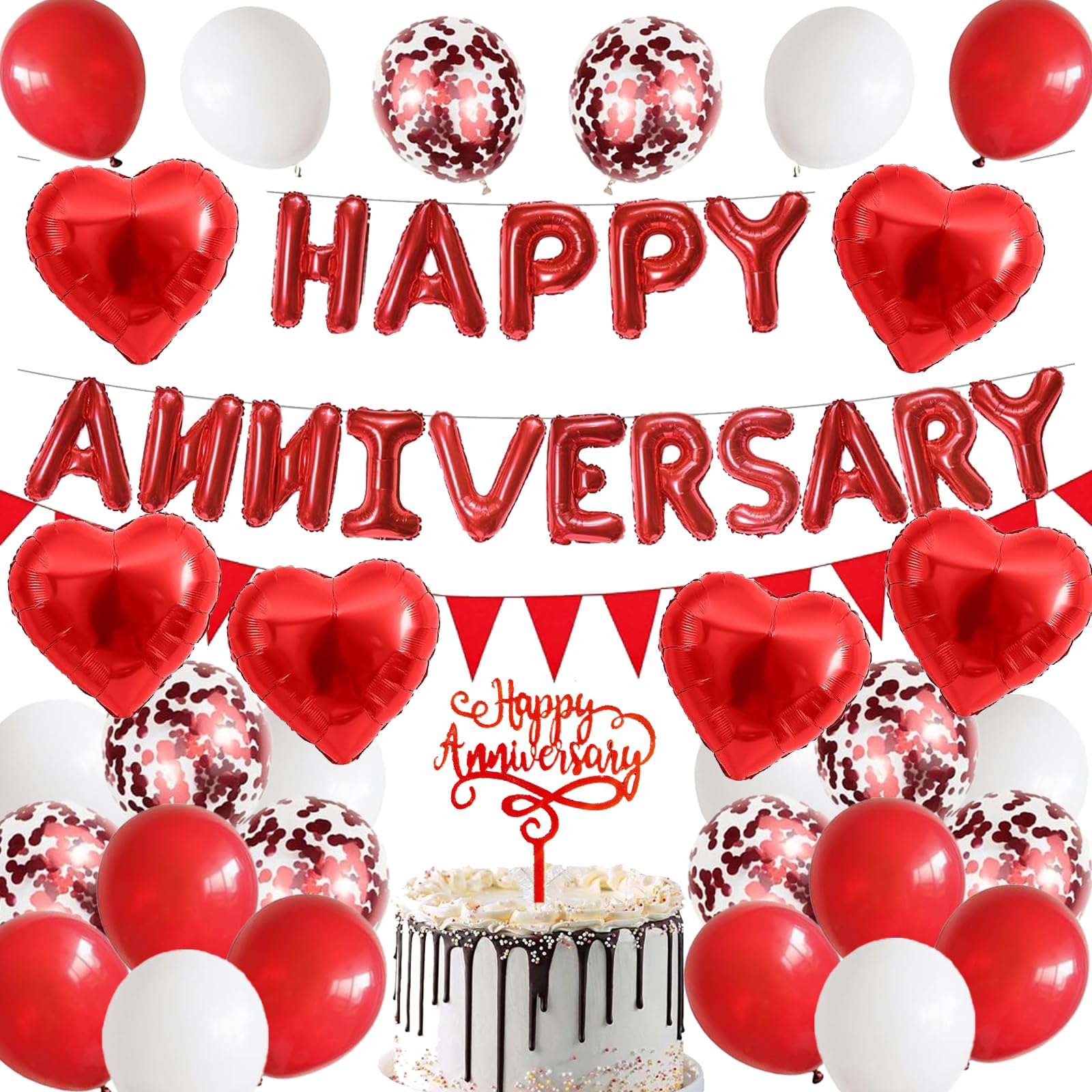 Happy Anniversary Decorations, 48Pcs Red Romantic Wedding Decoration Set including Heart Foil Balloon