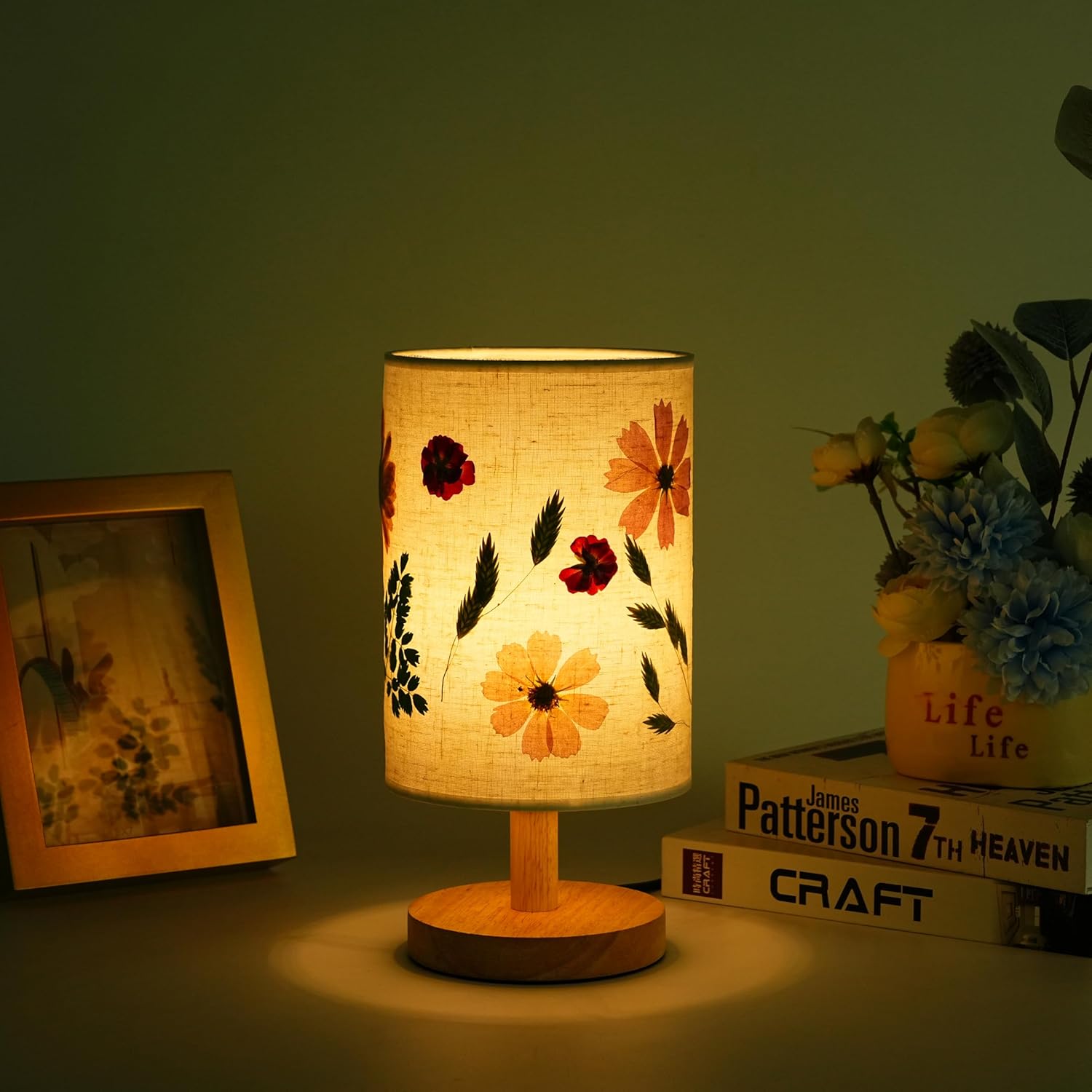 Decorative Table Lamp with Floral Shade Design, Wooden Base, Fabric Lampshade, Ambient Lighting for Bedroom, Living Room (Beige)