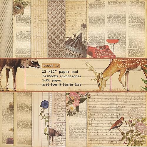24 blocs de papel vintage para álbumes de recortes, 12 x 12 pulgadas, patrón de plantas, cartulina de origami para manualidades, tarjetas, diario,