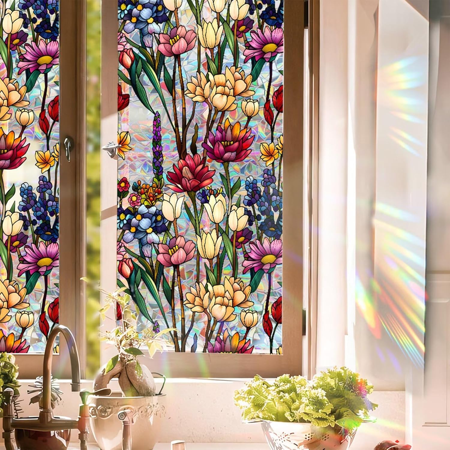 Stained Glass Window Film UV Resistant Window Privacy Film, Colorful Flowers Privacy Films Rainbow Decals Bathroom Bedroom Sun Blocking Decor Removable Static Cling Stickers 23 x 39.37 Inch