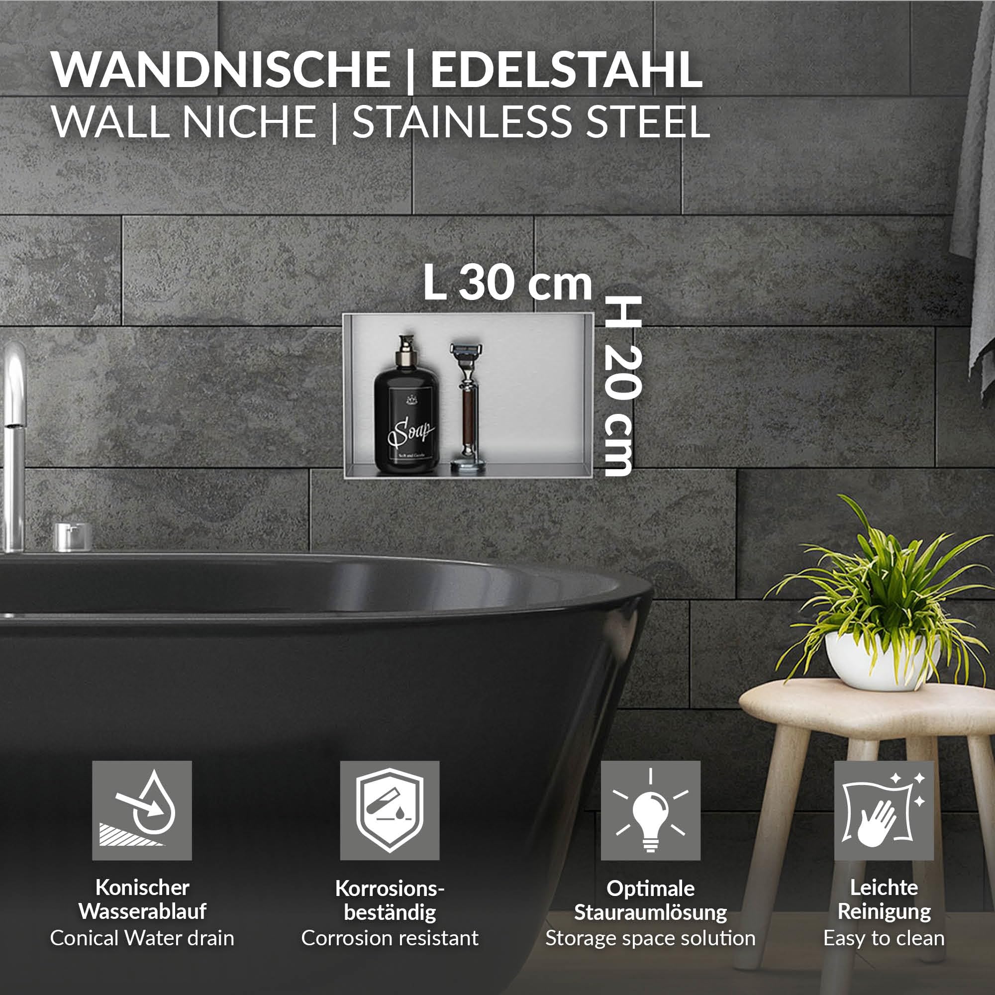 LuxeBath Nicho de Ducha de Acero Inoxidable 20x30x10cm cm Plata Marco de Pared sin Borde Empotrado Estante Integrado Instalación Flexible para Almacenamiento Organizador de Utensilios para Baño